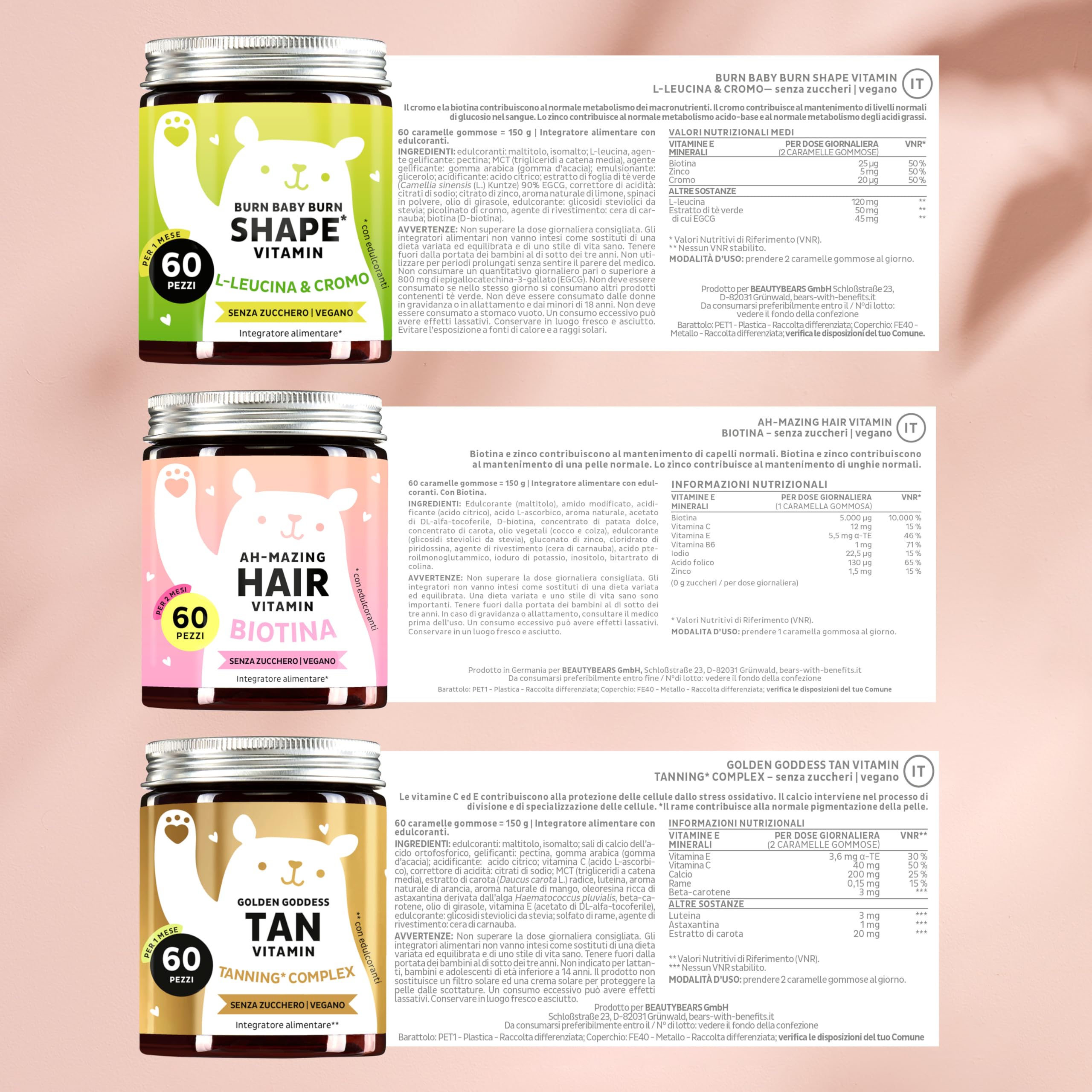 Trio – Per capelli, pelle e linea – Tripla azione bellezza - Con biotina per i capelli, rame per la pelle e cromo per il metabolismo - 3x60 pezzi- Senza Zucchero, Vegano - Bears with Benefits
