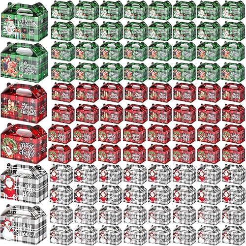 96 cajas de regalo de Navidad con asas, cartón, a cuadros, cajas de papel para galletas, cajas de dulces premontadas para regalo, cajas de regalo de
