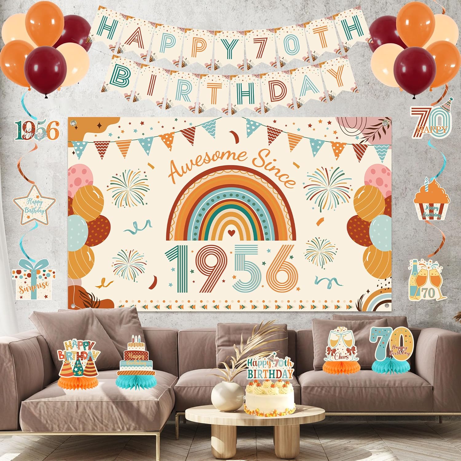 Roetyce 70th Birthday Decorations Women Men, Boho Awesome Since 1956 Poster Happy 70th Birthday Banner Balloons Hanging Swirls Cake Topper, Beige 70 Years Old Party Supplies Photo Backdrop Background - Image 8