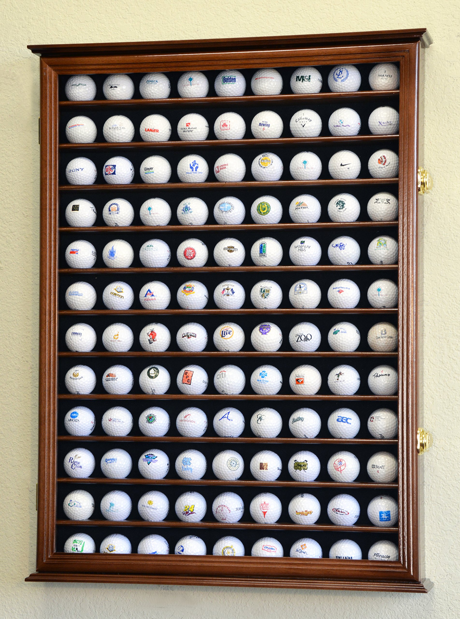Golf Ball Display Case Cabinet Wall Rack Stand Select Your Size 98% UV Lockable 5 Sizes 4 Colors to Choose (108 Golf Ball, Walnut Finish)