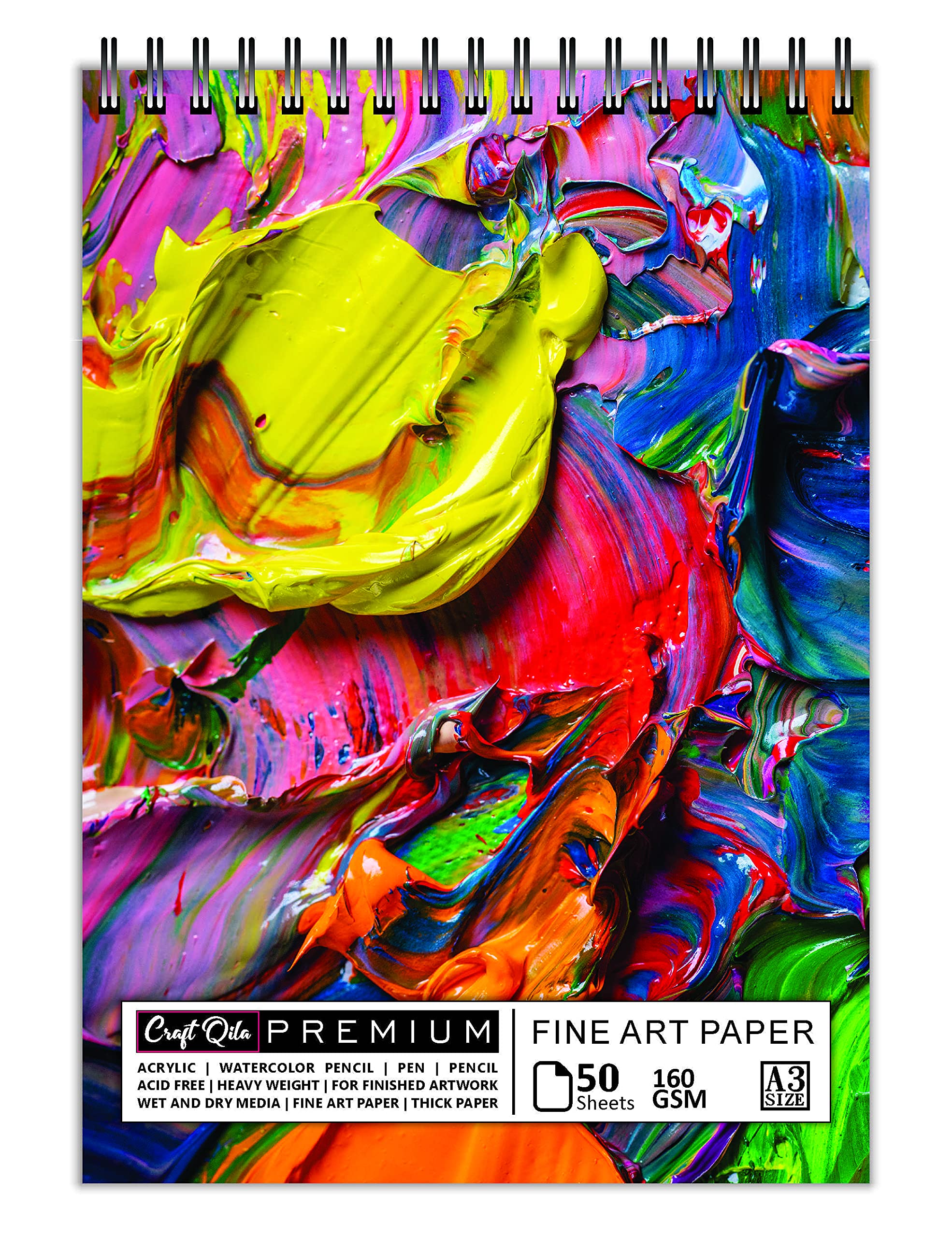Craft Qila Paper Bright Colors Mixed(50 Sheets,100 Pages)A3 Sketchbook|Top Spiral-Bound Acrylic Sketchpad For Artists|Professional Grade Drawing And Sketchbook