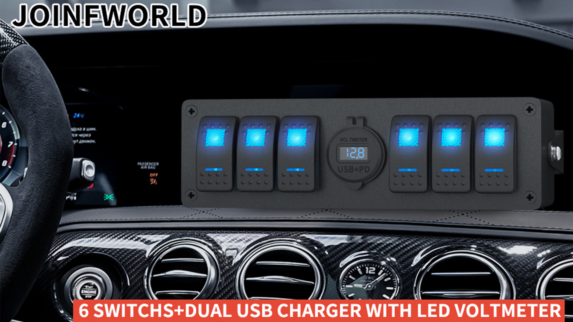 Image of Joinfworld 6 Gang Rocker Switch Box Waterproof 12V SPST ON /Off lED Light Bar Switch Panel with Dual USB Outlet PD3.0 & QC3.0 Car USB Port for Boat Marine Automotive Car Truck RV UTV