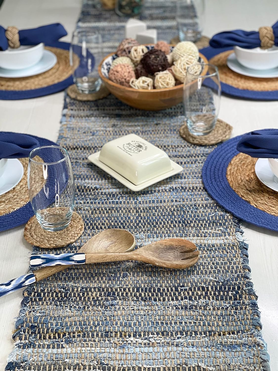Chardin Home 14x72 Inch Handcrafted Table Runner – Natural Jute and Denim Chindi – Rustic Boho Farmhouse Table Decor – Sustainable Dining Table Accent for Everyday or Special Occasions