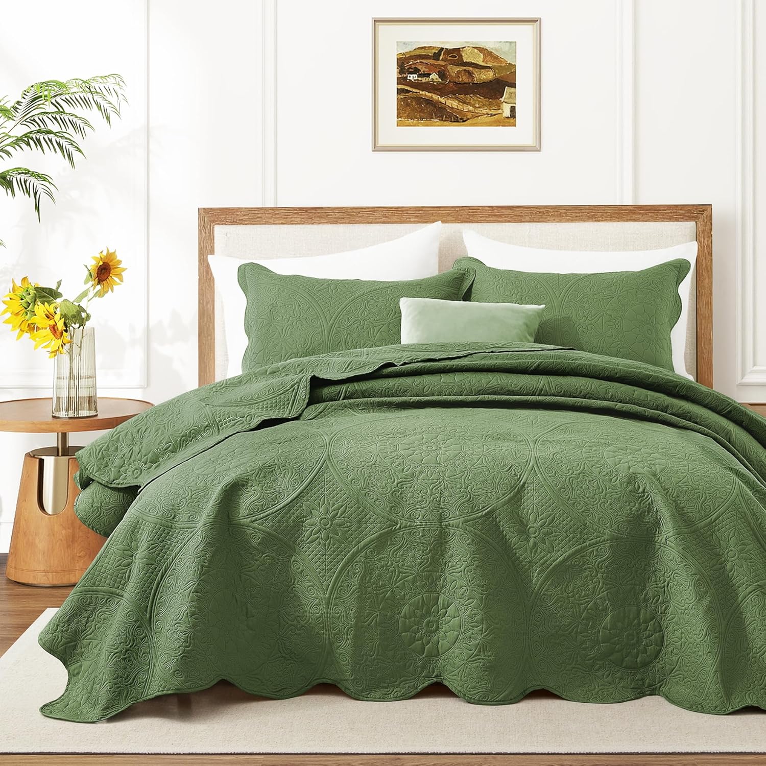 IR Imperial Rooms Twin Quilt Bedding Set Size (68 x 86) + 1 Pillow Shams (20 x 26 + 2) - 2 Pcs All Season Lightweight Reversible Microfiber Coverlet Floral Embossed Quilt Bedspread (Olive Green)