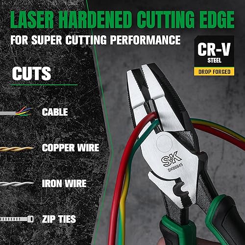 Miniatura 7 de SK Alicates Linesman de 9.5 pulgadas, construcción de acero CR-V premium, mango ergonómico antideslizante para un agarre cómodo