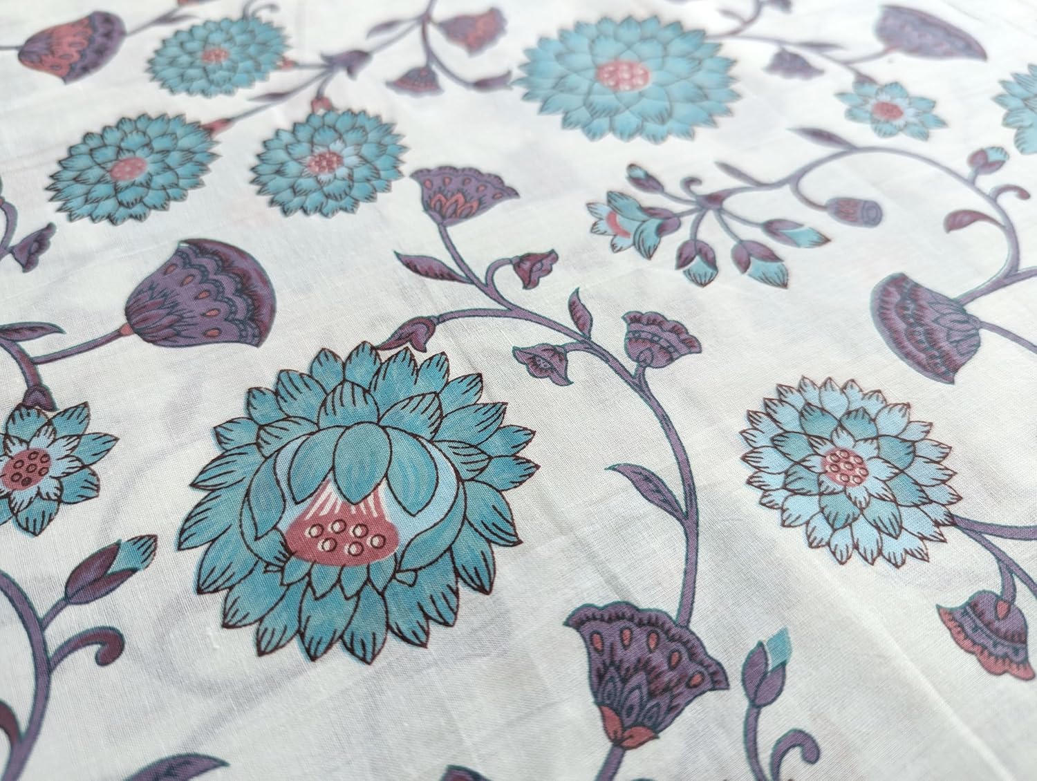 AVKA Studio Hand Block Print Fabric by the yard - PRECUT 3 yard 42 Inch Width - 100% Cotton Material - Blue & White Floral Pattern - Light Weight Indian Cloth for making Summer Dress tops projects etc
