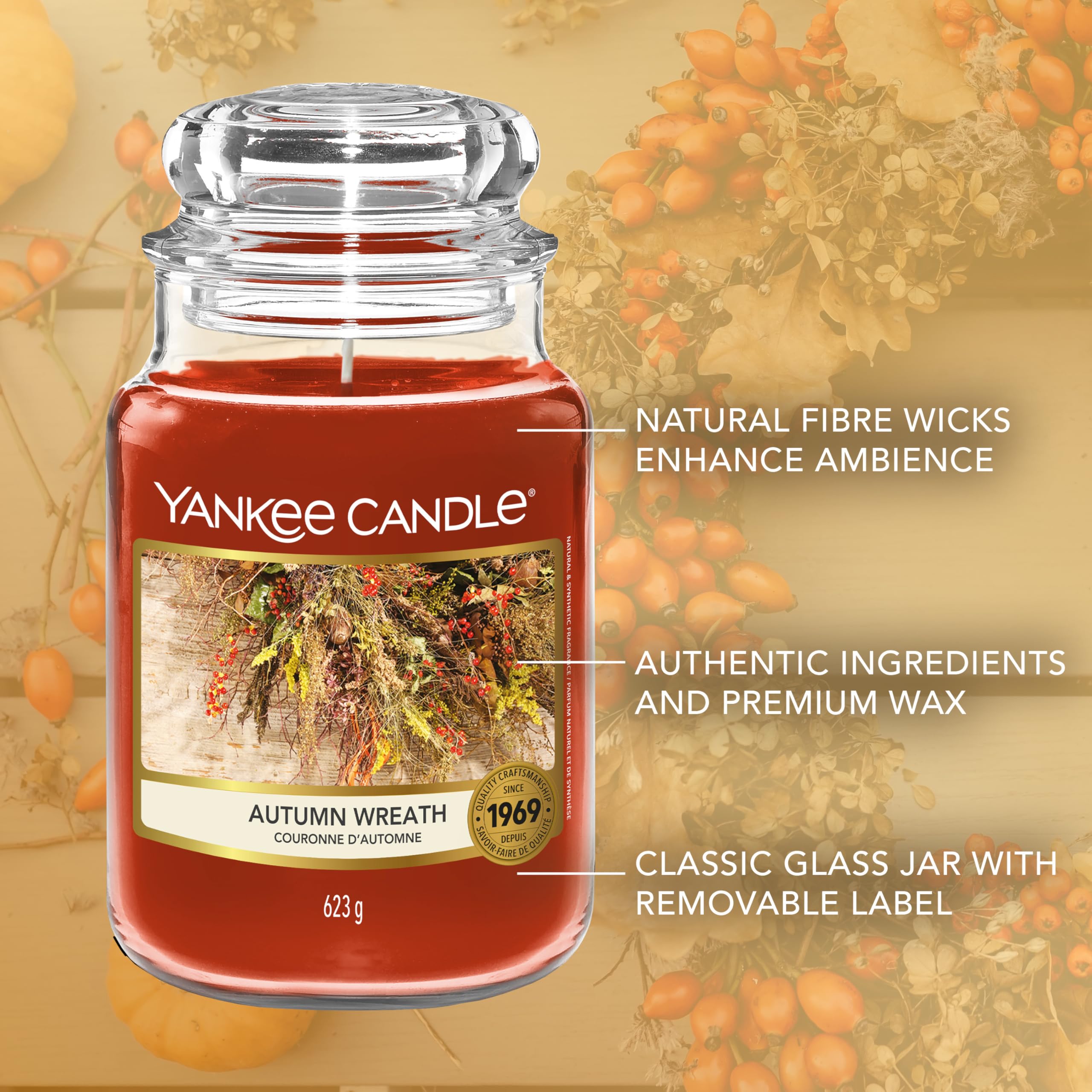 Yankee Candle Świeca zapachowa - jesienny wieniec duży słoik - długie świece: do 150 godzin - prezenty dla kobiet