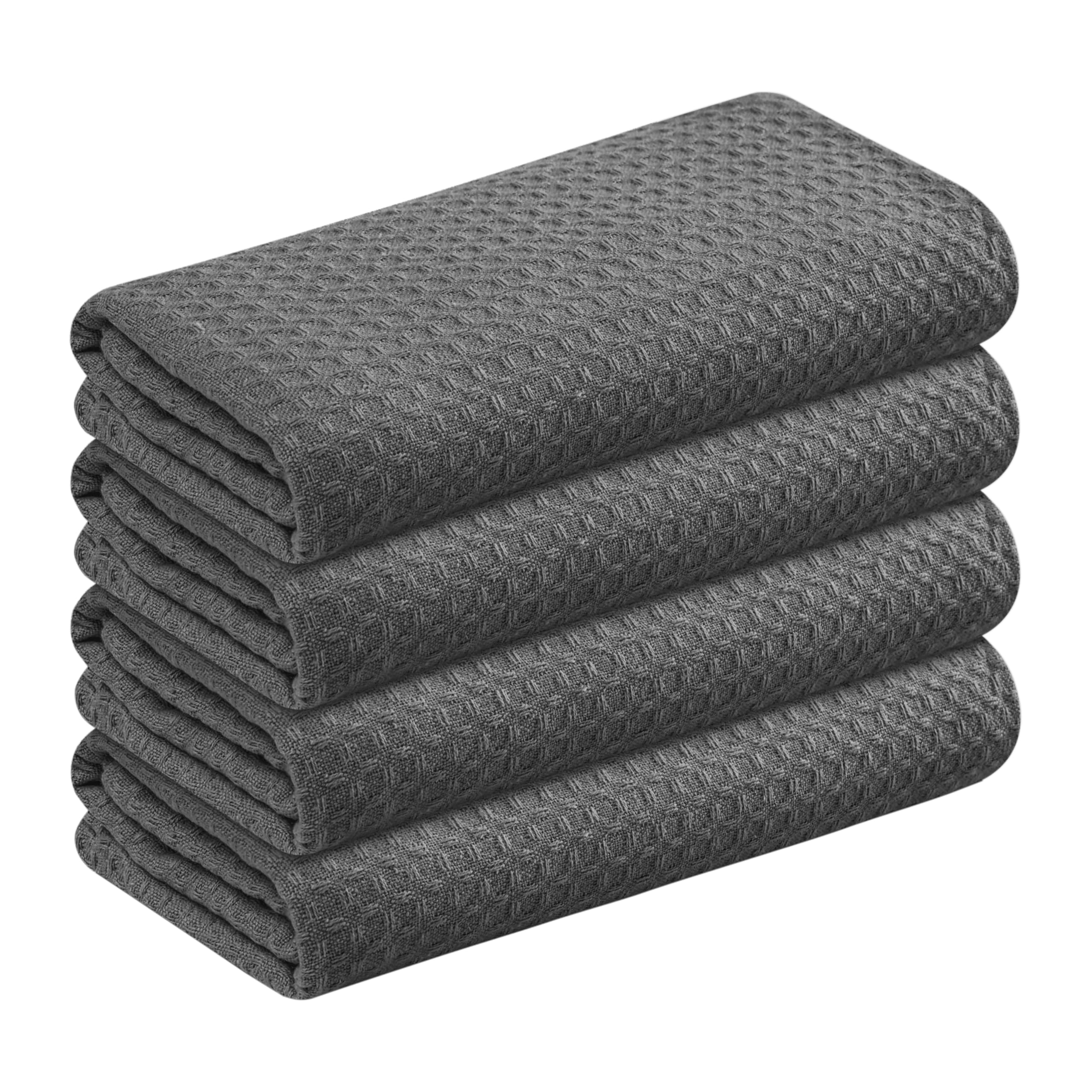 Gray Waffle Kitchen Dish Towels, 100% Cotton, Quick Dry, Super Absorbent, Soft, 16x26 Inches - Ideal for Dish Drying, Bar, Tea, Cleaning, and Everyday Use, 4 Pack, Grey