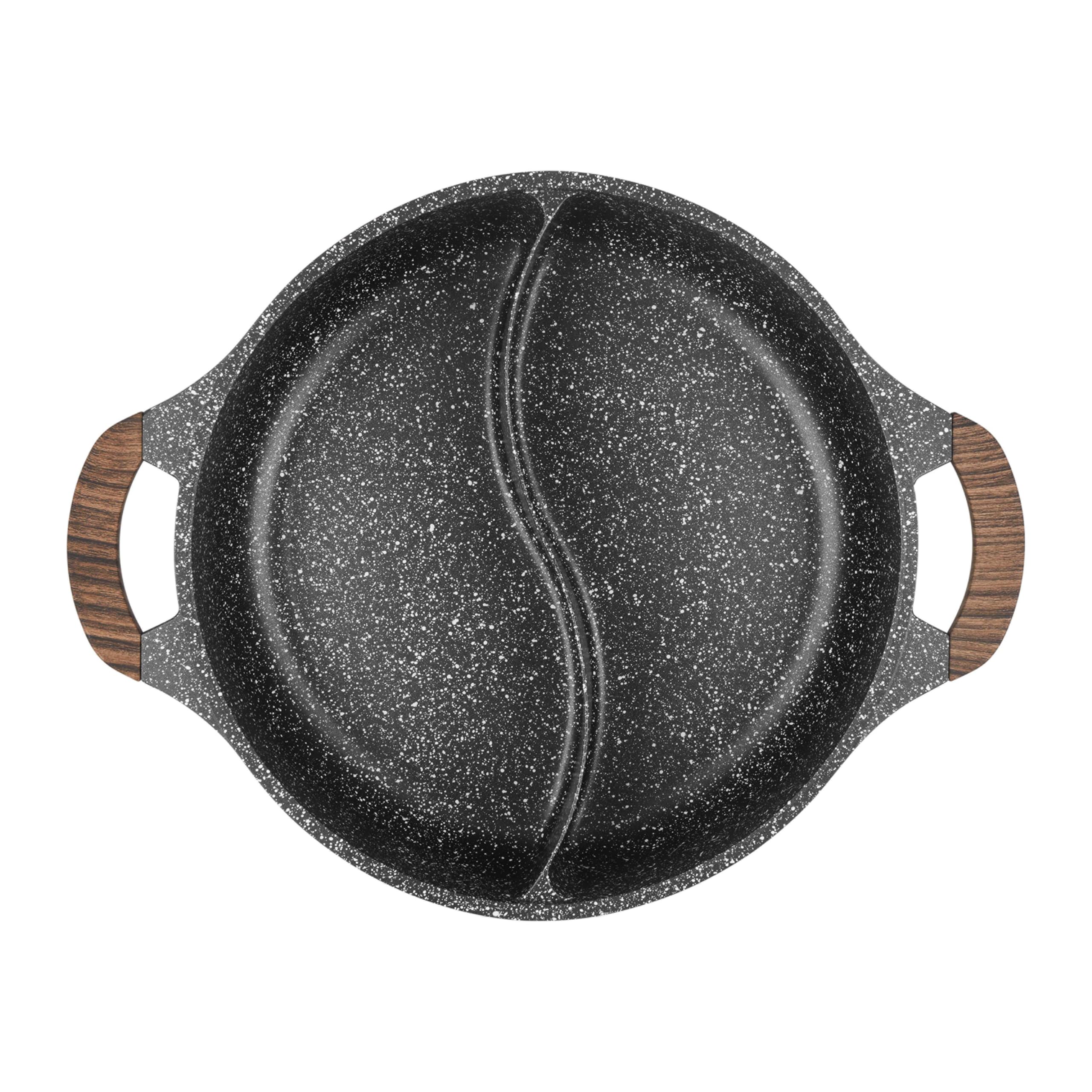 Sitram 716948 stoofpan met 2 vakken, 28 x 7,5 cm, van gegoten aluminium, antiaanbaklaag zonder PFOA, steeneffect, Shabu pan met glazen deksel, voor alle warmtebronnen, inclusief inductie