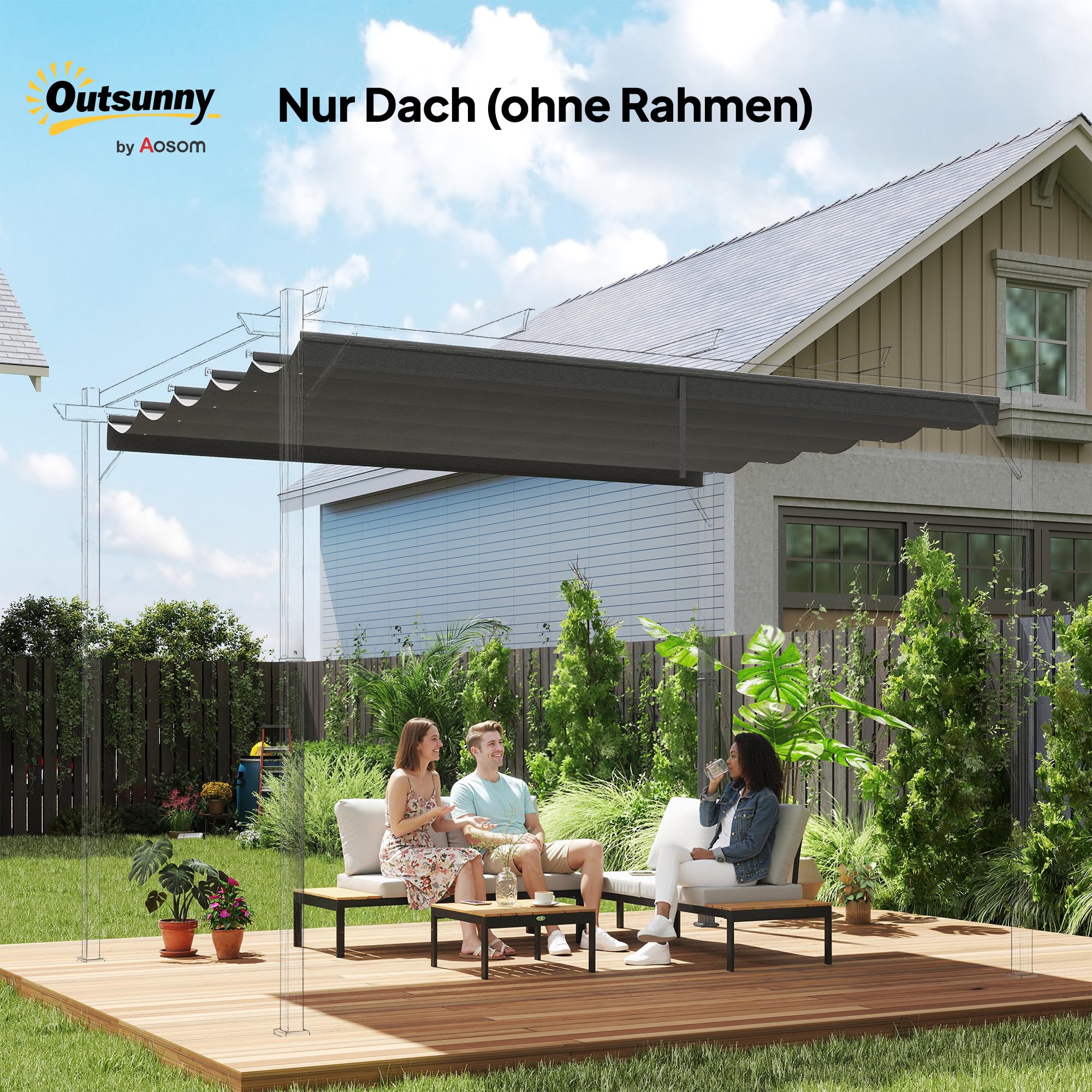 Outsunny Ersatzdach für 4 x 3 m Pergola, wasserdicht einziehbar Welle Überdachung mit Regenabflusslöchern, NUR Schattenabdeckung für Garten, Terrasse, 350 x 260 cm Hellgrau
