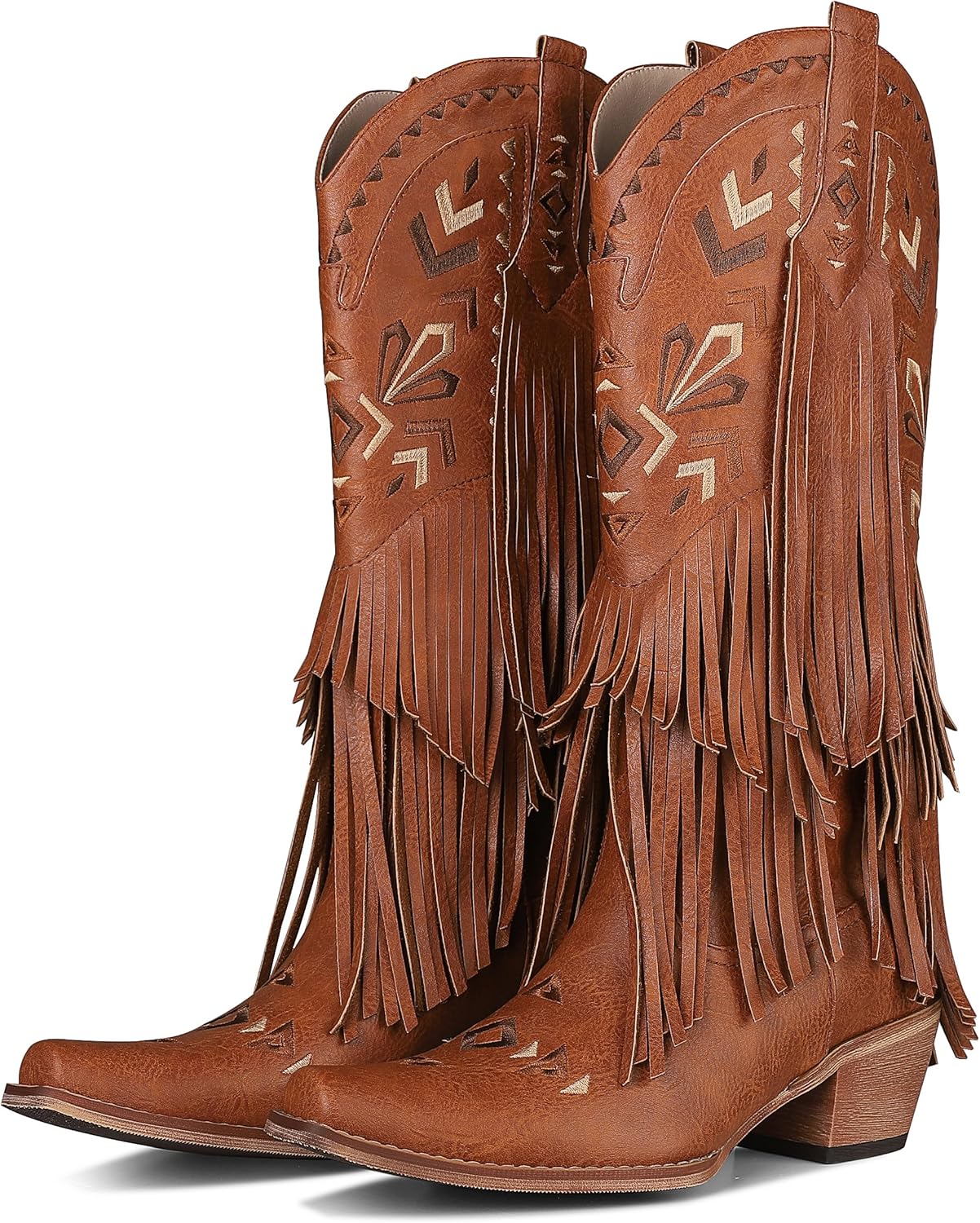 VOMIRA Mid Calf Boots for Women Vintage Pointed Toe Rhinetones Wood Heel Pull On Cowgirl Boots Fashion Western Knight Boots