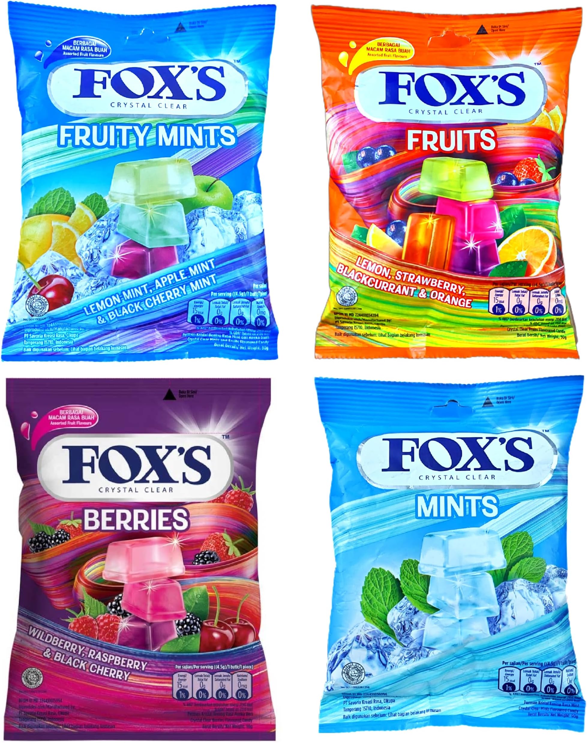 Fox's Crystal Clear Candy- Mints Candy, Fruits Candy, Berries Candy And Fruity Mints Candy (4 Packs X90G), 360 Gram