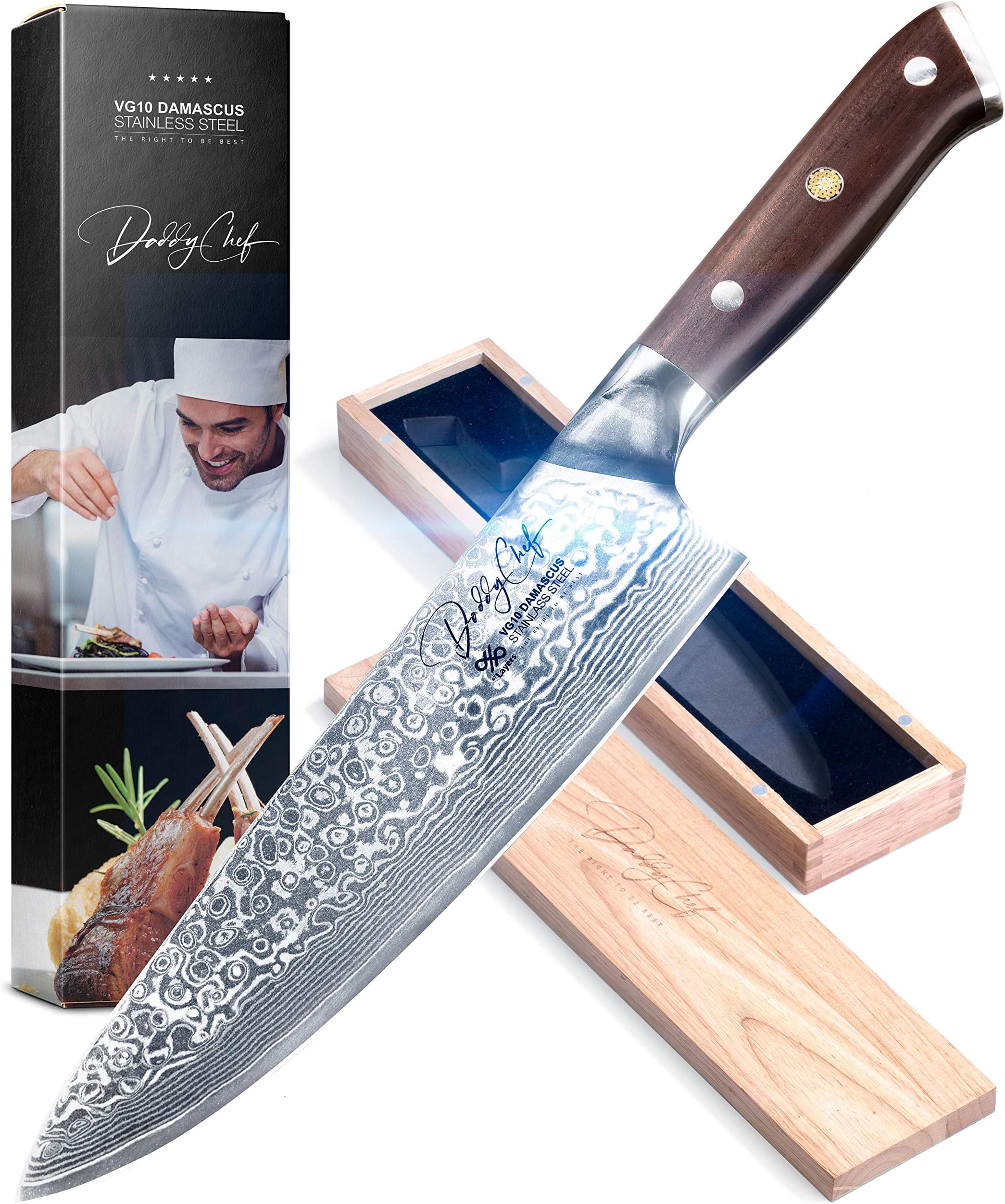 Chef Knife 8 inch - Damascus Blade from Japanese 67 Layer Stainless Steel - Professional kitchen chefs chopping carving knife - Hammered Finish - Ultra Sharp - Precision Cutting