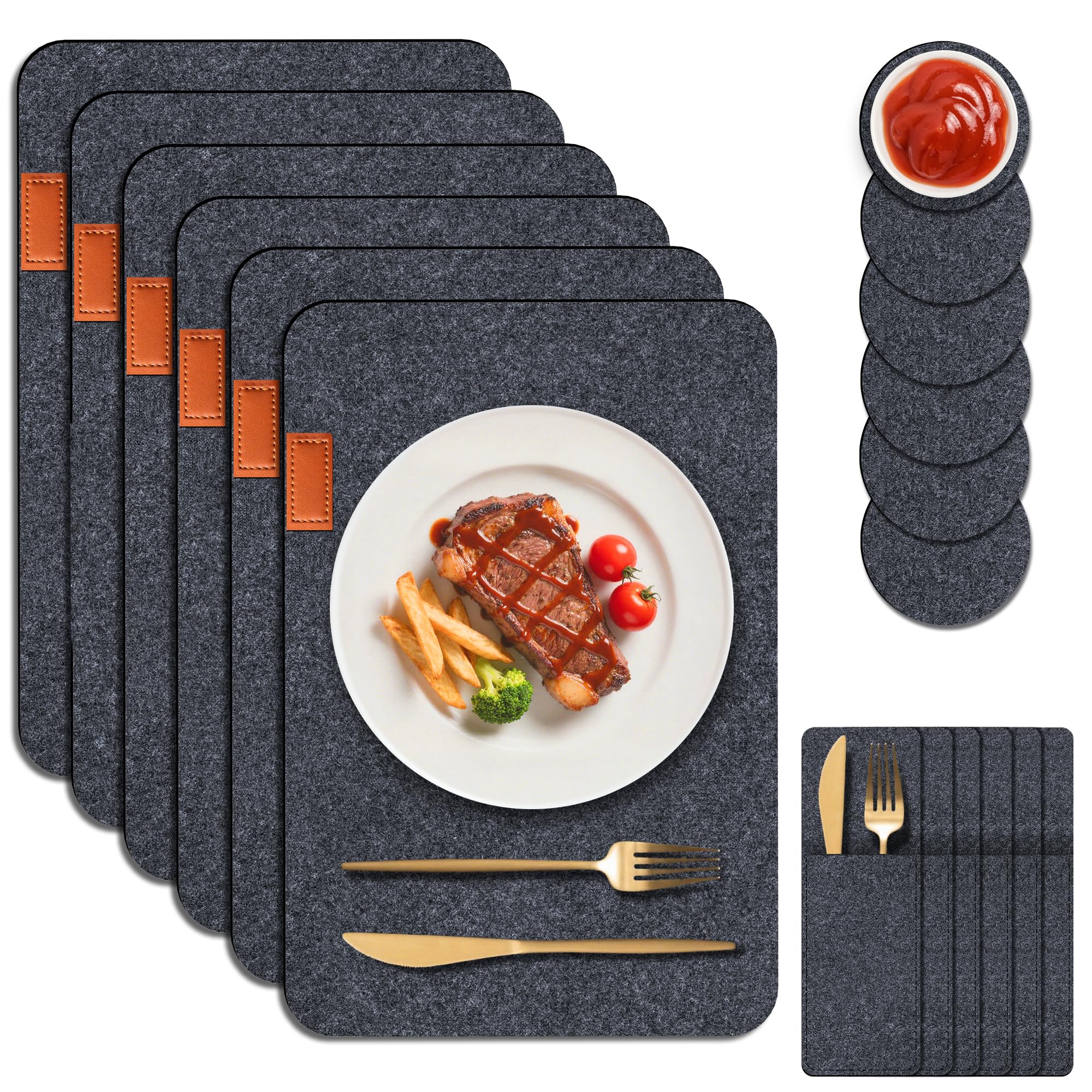 Platzsets Filz Abwaschbar, Hitzebeständige Tischsets und Untersetzer, 6 Waschbare Tischmattes, 6-rutschfeste Filzuntersetzer und 6-Besteckhüllen, Schützen Sie Ihren Küchen (Platzset Filz-Rechteckig)