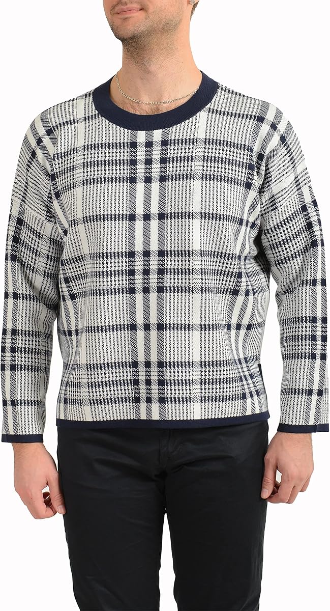 Hugo Boss Suéter con cuello redondo a cuadros Schecky para hombre US XL IT 54 Azul/Blanco