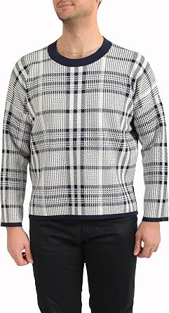 Hugo Boss Mens Schecky Plaid Crewneck Pullover Sweater US XL IT 54 Blue/White