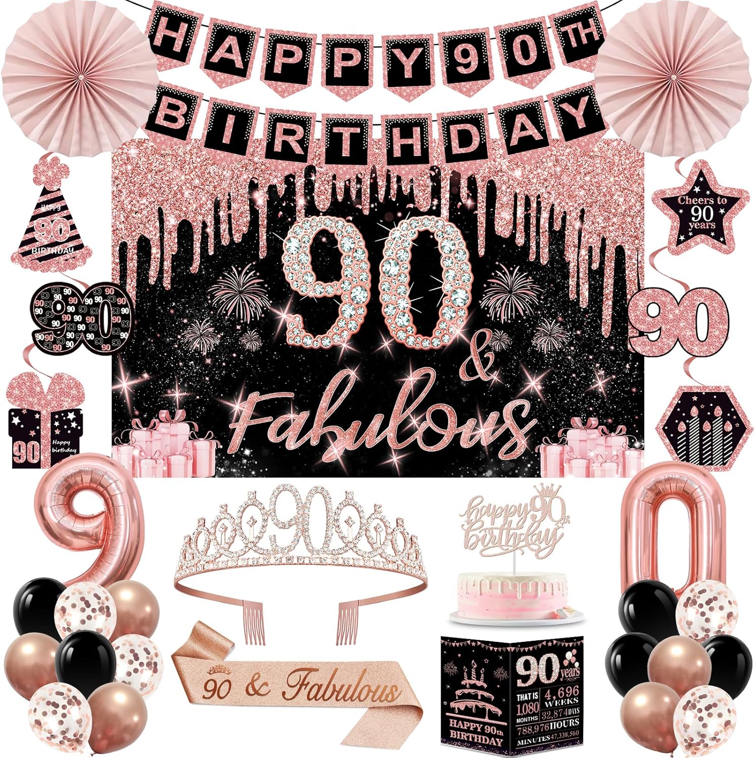 90th birthday decorations for women,32pcs 90th birthday party decorations,including backdrop, crown, sash, banner, hanging swirl,cake topper,balloons,paper fans,anniversary card and paper fans rose gold 90th