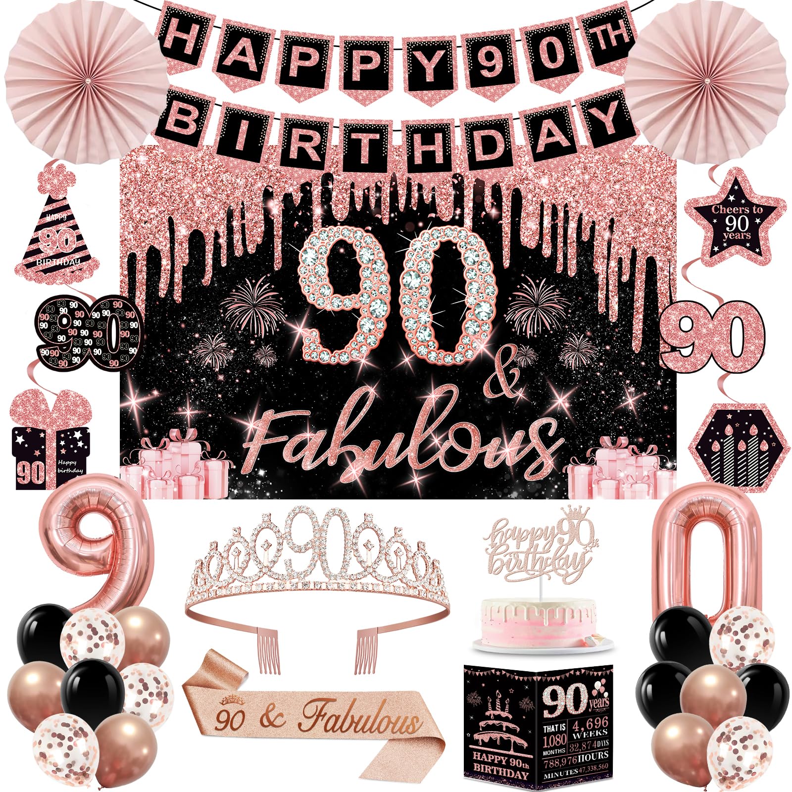 90th Birthday Decorations for Women,32pcs 90th Birthday Party Decorations,Including Backdrop, Crown, Sash, Banner, Hanging Swirl,Cake Topper,Balloons,Anniversary Card,Paper Fans