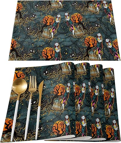 4 manteles individuales de Halloween, decoraciones de Halloween, lindos manteles individuales de Sally y gato, manteles individuales de Pesadilla