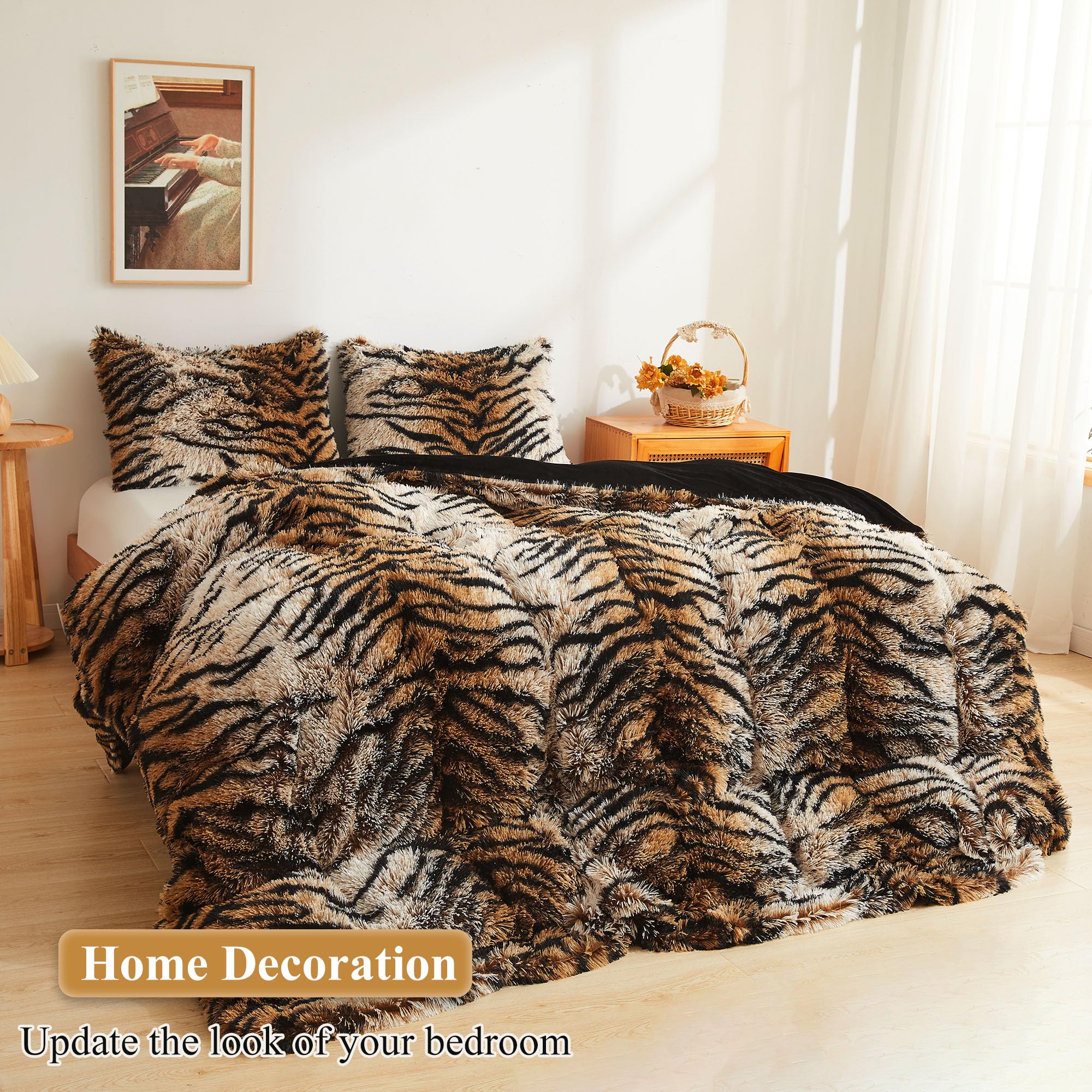 XeGe Flauschige Kissenbezüge aus Kunstfell, flauschig, Plüsch, zottelig, weich, lang, flauschig, Tierdruck, pelzige Kissenbezüge für Bett, Couch, Reißverschluss, 2 Stück, Kingsize, Tigerdruck, Braun