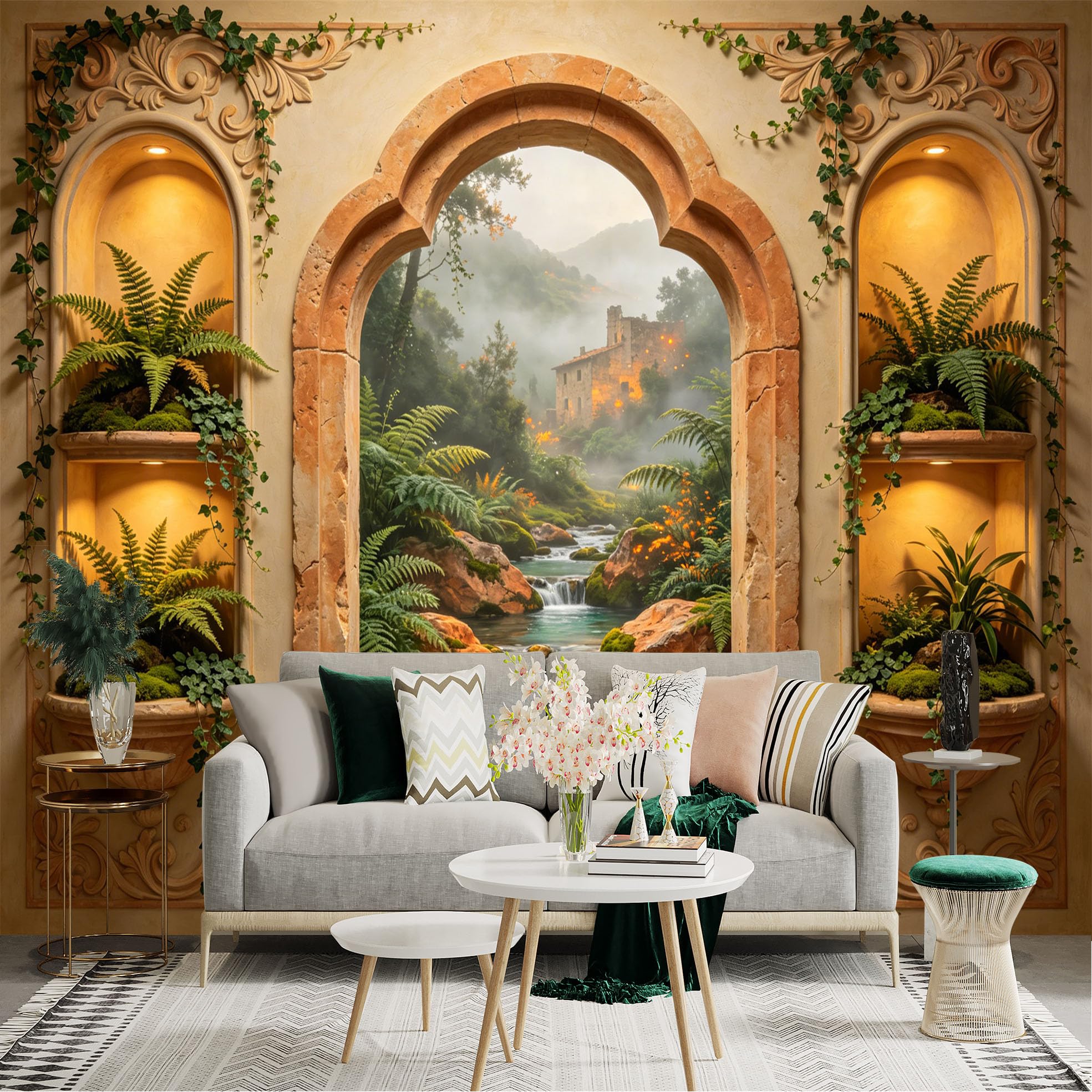 Custom Size Wall Sticker Mural， Stone Arch Window with Lush Ferns， Waterfall Stream and Old House， for wall Decoration， peelandstick wall Decals.