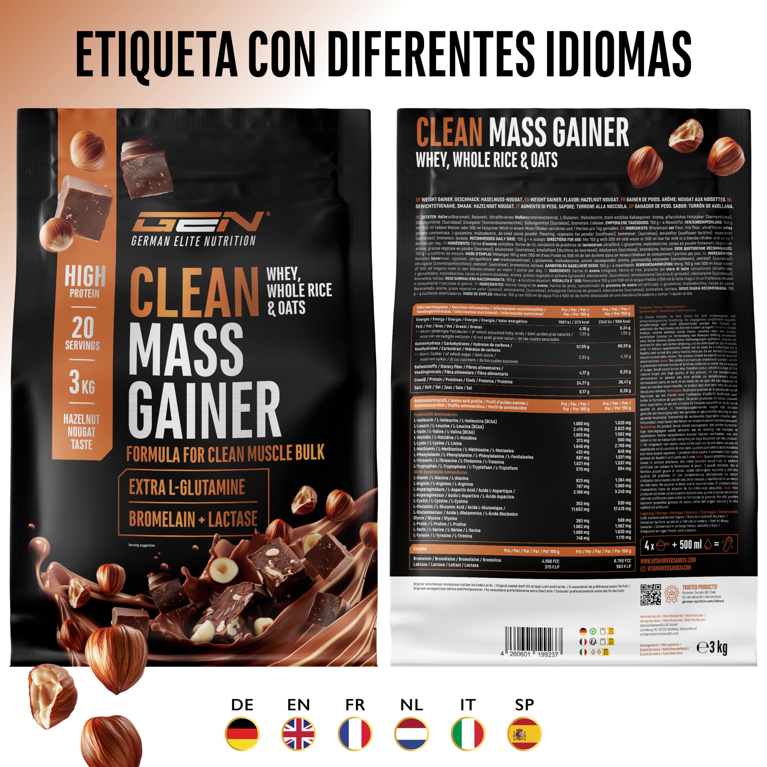 Clean Weight Gainer - 3 kg - Con Hidratos de Carbono Complejos y Proteína - Ideal para la Fase de Volumen - Polvo para Ganar masa y Peso - Vegetariano - Sabor Hazelnut Nougat