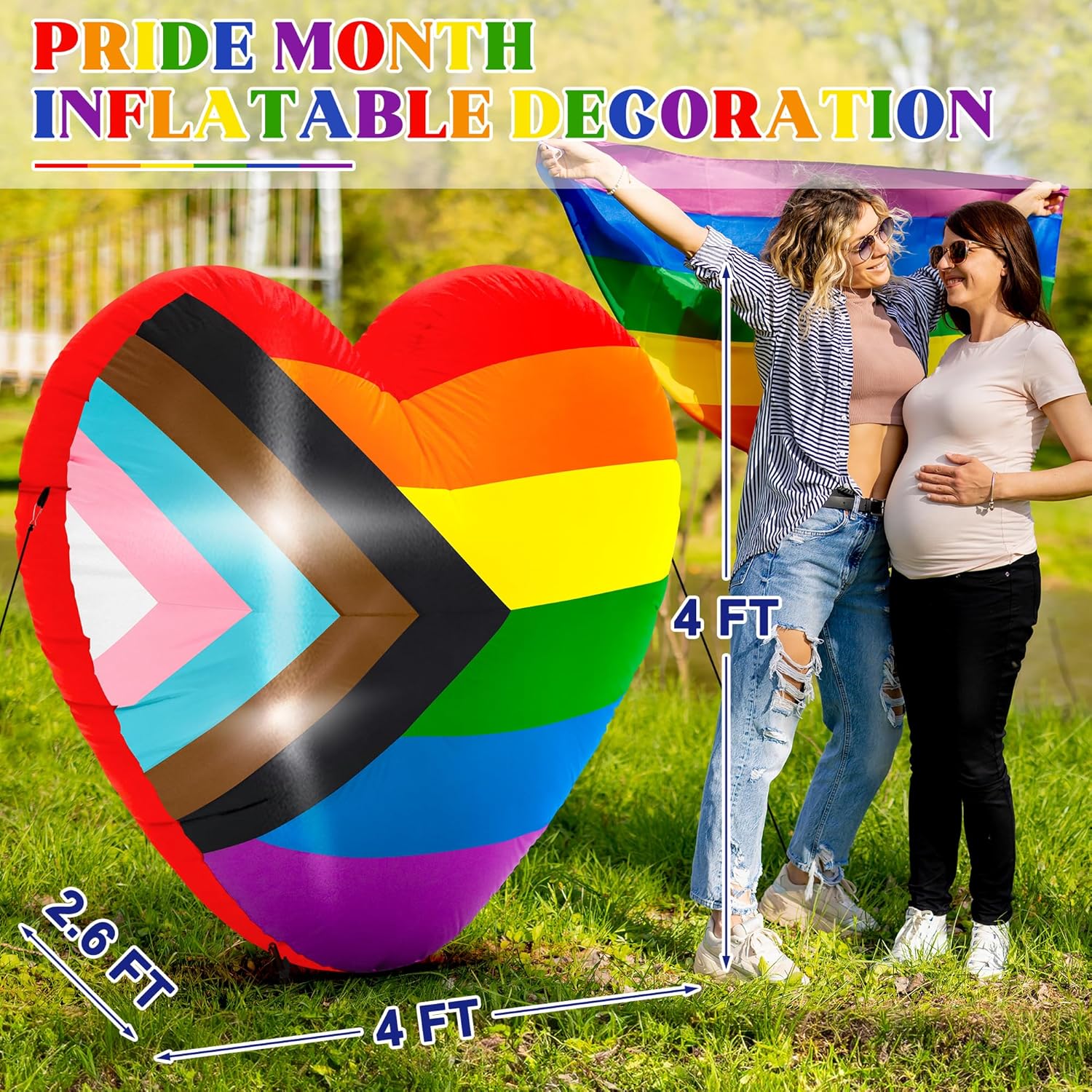 4 FT Pride Inflatables, LGBT Progress Flag Inflatable Decoration, Blow Up Heart Shape Decor for Pride Month, LED Lighted Pride Love Rainbow Yard Decor for Lesbian Gay LGBTQ Community Party Parade