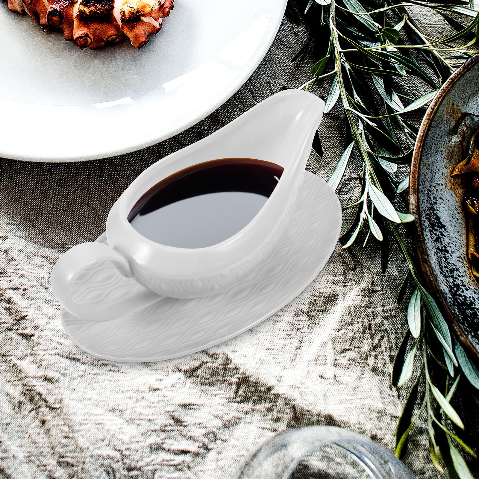 Keramik Saucenkrug mit Henkel Weißer Sauciere mit Untertasse Spülmaschinenfest Vielseitig für Soßen Dressings Milch für Bbq Familienfeiern Picknick und Teeparty