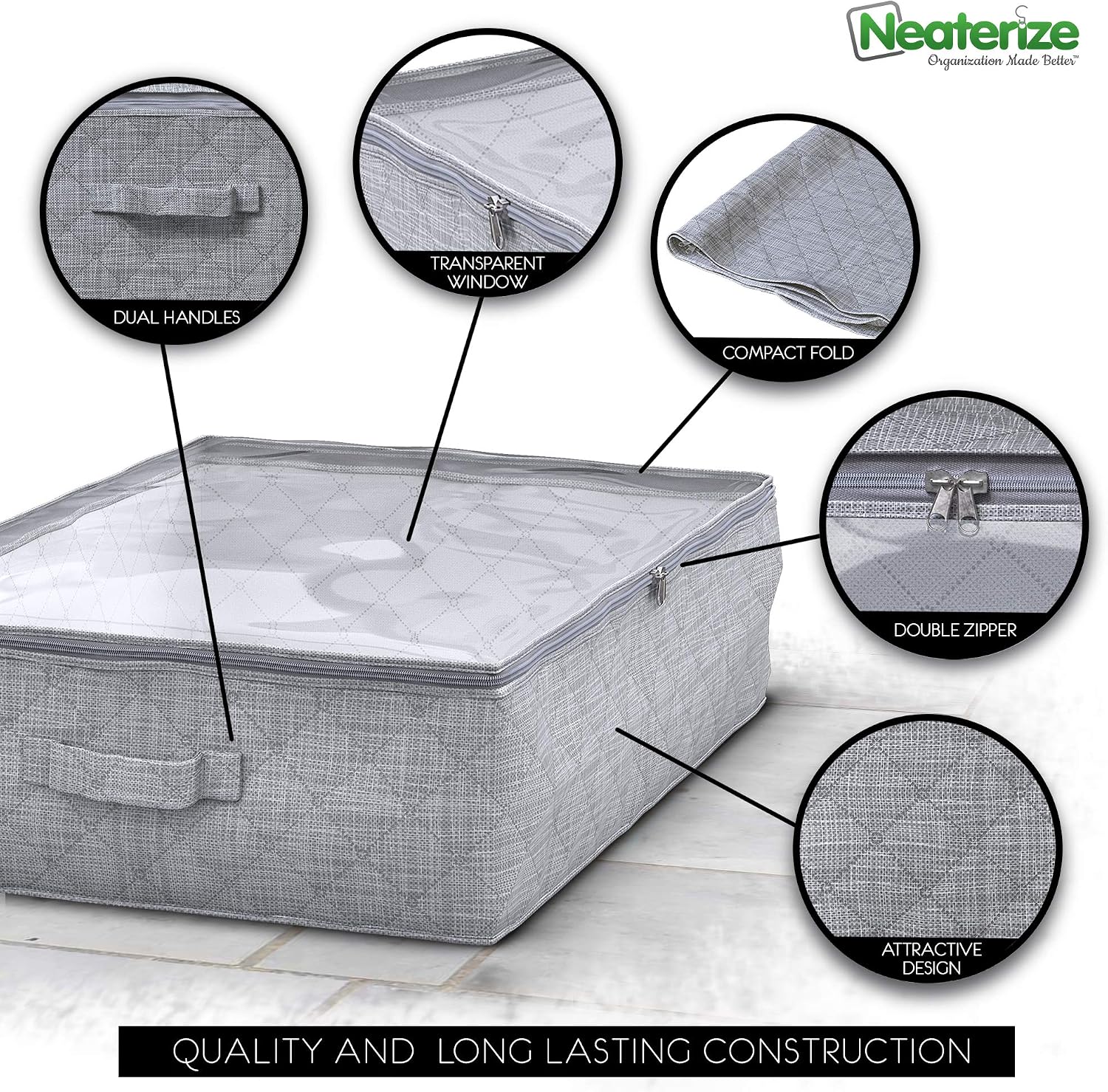 NEATERIZE Under Bed Storage Bags | 3-Pack Underbed Clothing Organizer | Ultra Thick Fabric, Reinforced Handles & Zipper | Stackable Organization and Storage Containers for Bedroom [Grey]