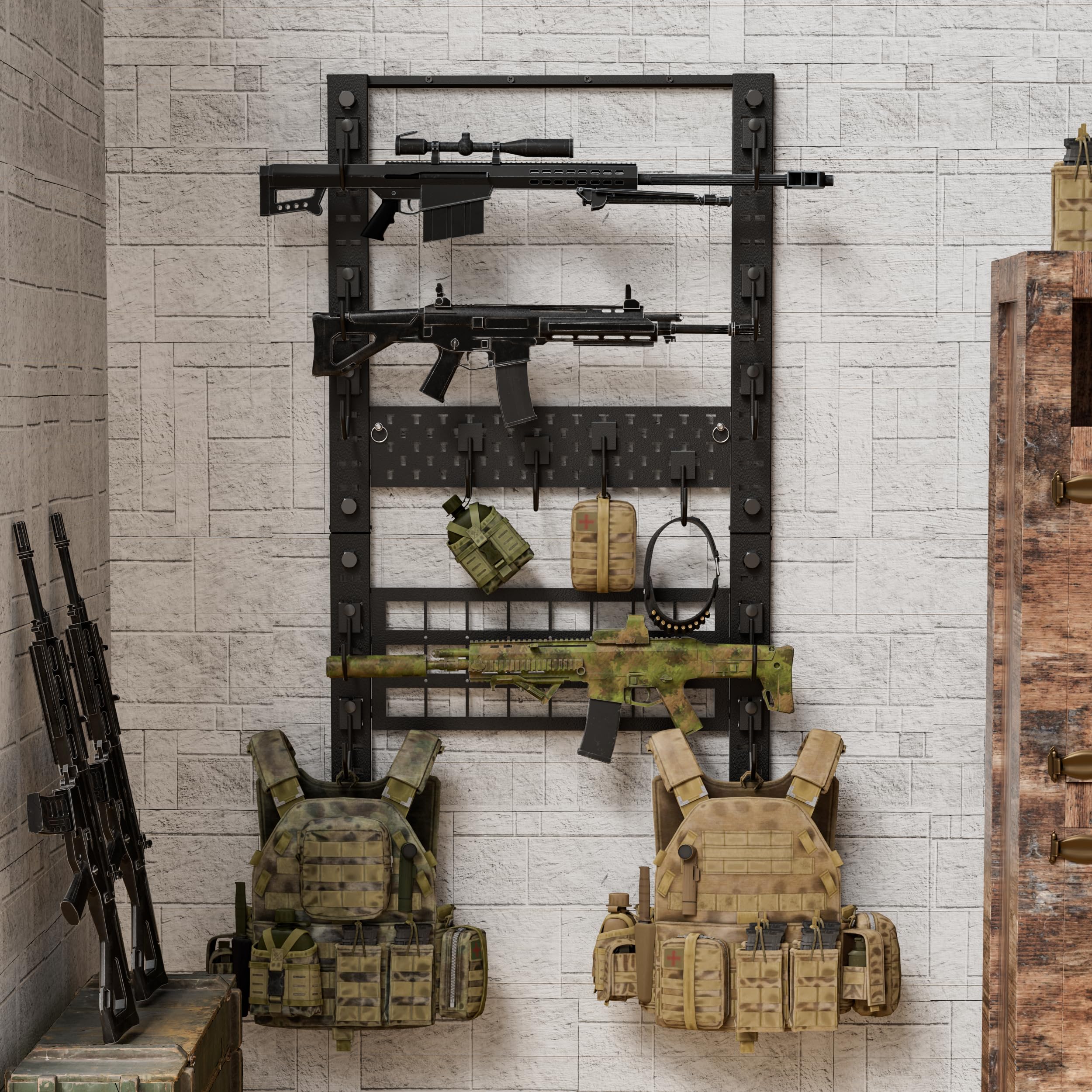 Photo 1 of Stranthother Gun Racks for Wall,Horizontal Heavy Duty Steel Rifle Sword Display Rack,Gun Helmet Vest Belt Storage Holder Rack,Adjustable Indoor Firearm Gun Rack-Hold Up to 5 Rifles,Shotgun