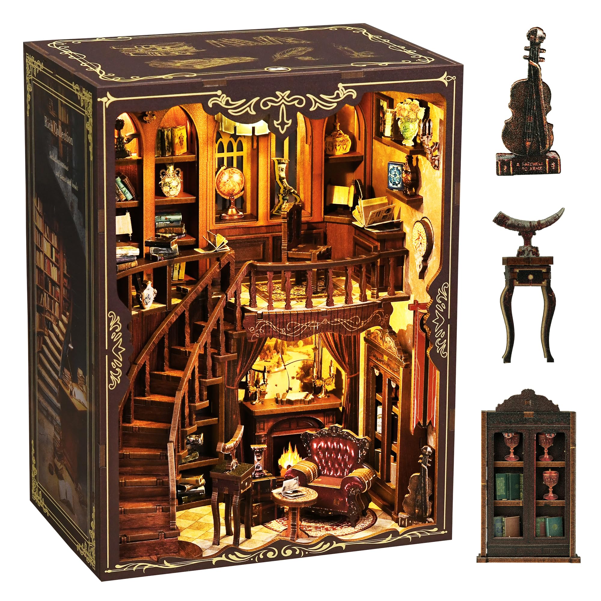 Book Nook Kit for adults with LED, DIY Miniature Bookshelf Insert, 3D Wooden Puzzle Bookends Decor Gift, DIY Dollhouse for Adults & Teens Bookshop Corner Bookcase, Bookcase Decoration