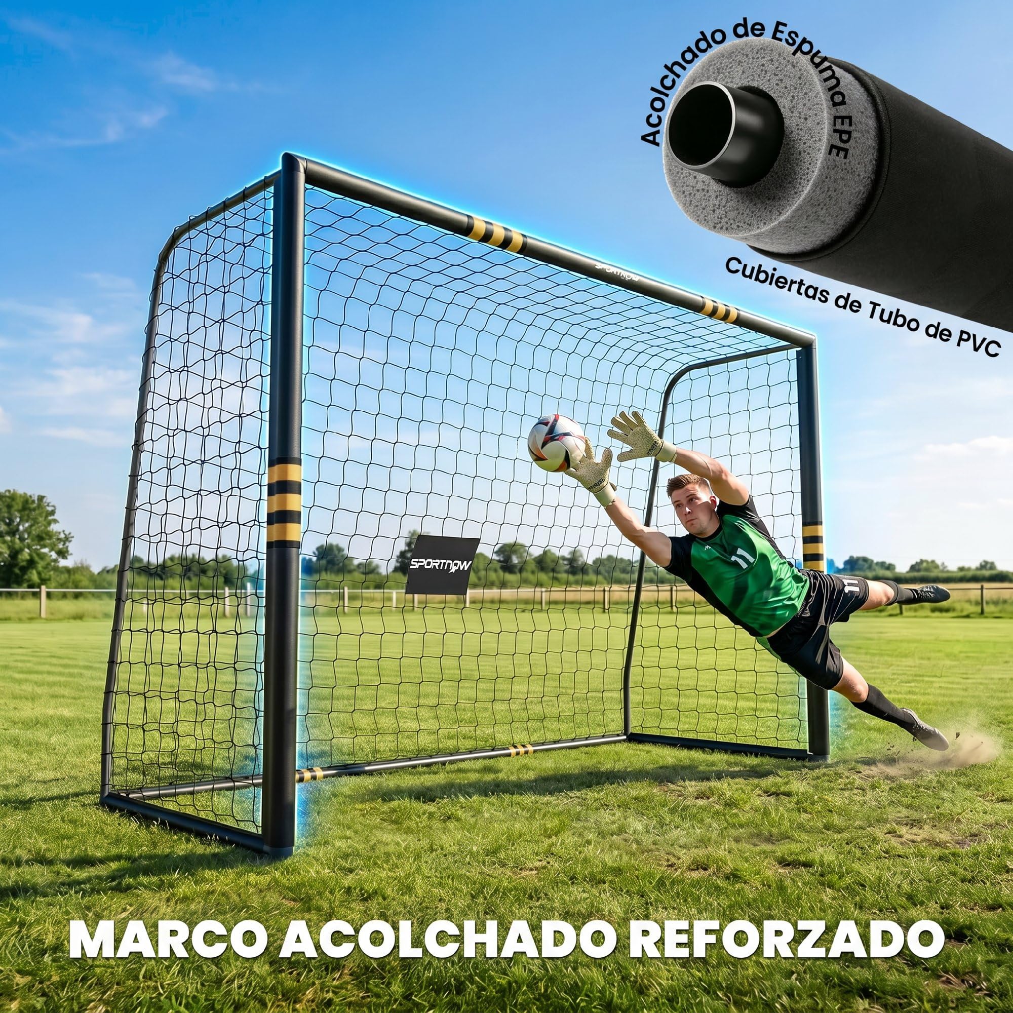 SPORTNOW Portería de Fútbol, con Red 300x120x200 cm Negro y Amarillo | Portería de Fútbol para Jardín, Piquetas de Suelo, Acolchado EPE, Estructura Metálica, Montaje Fácil, Interior y Exterior