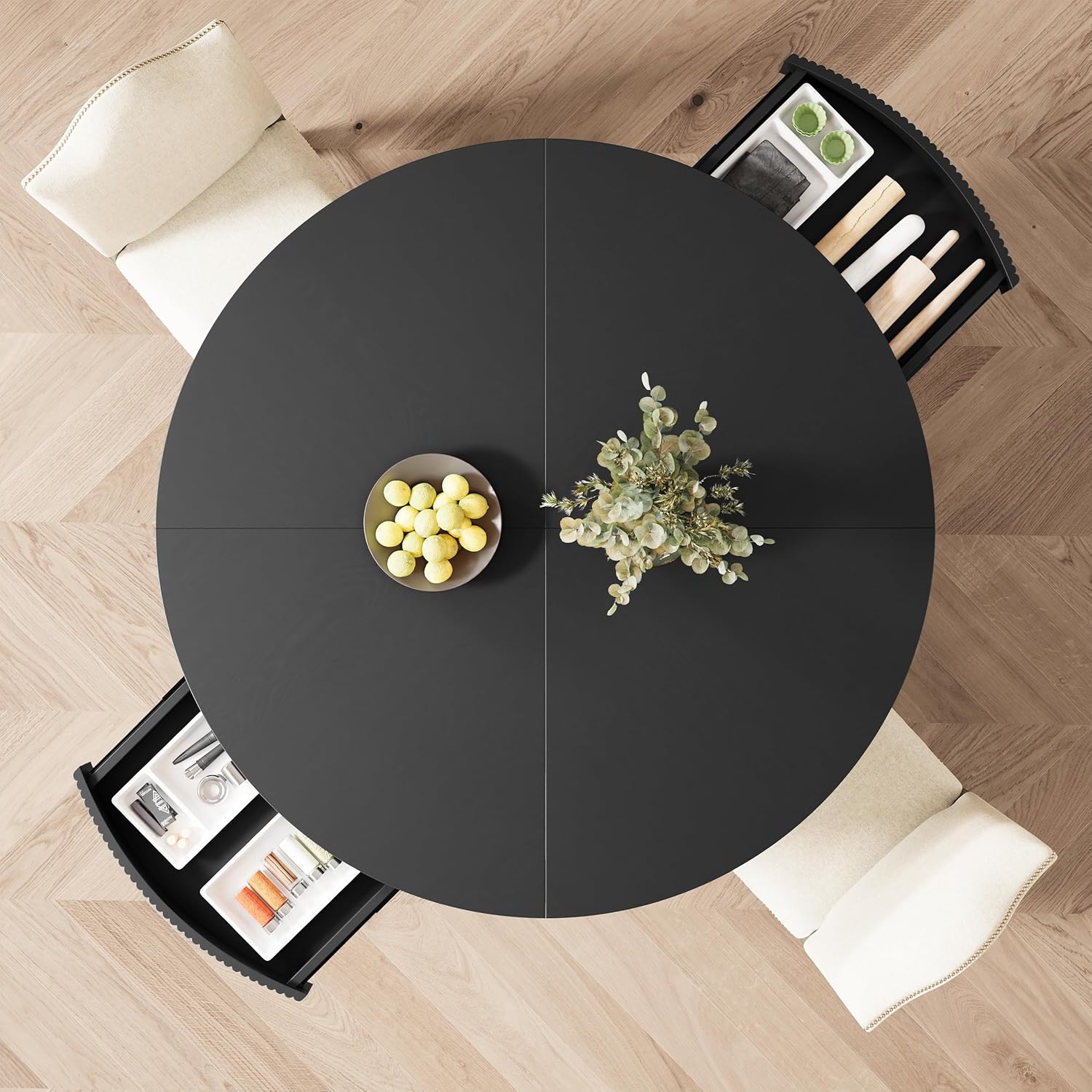 Top-down view of the XUZENEST dining table with both storage drawers open, revealing organized compartments for dining accessories.