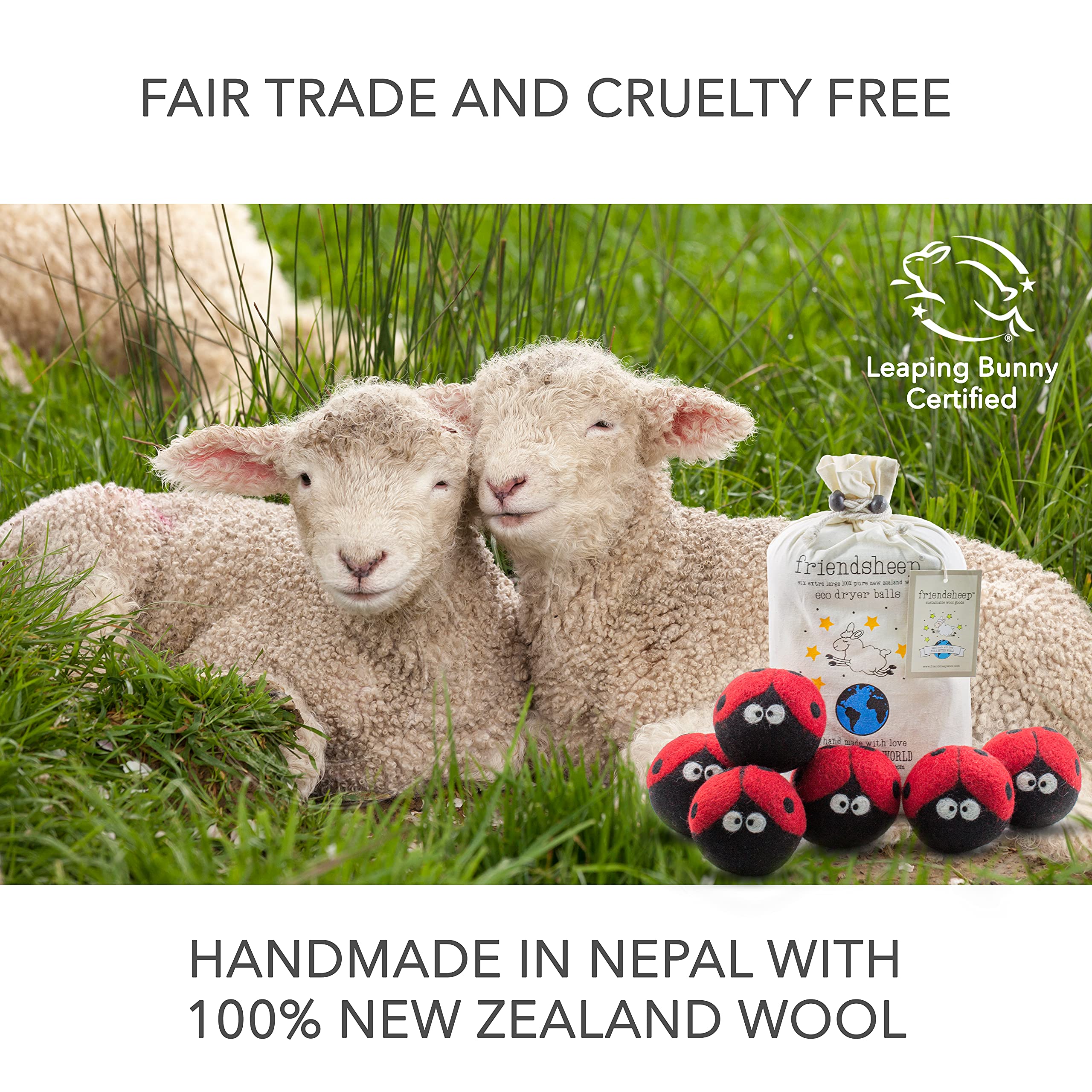 Friendsheep Bolas de lana para secadora, paquete de 6 unidades, tamaño XL, orgánicas, reutilizables, libres de crueldad, hechas a mano, comercio justo, sin pelusas, suavizante de tela, mariquitas