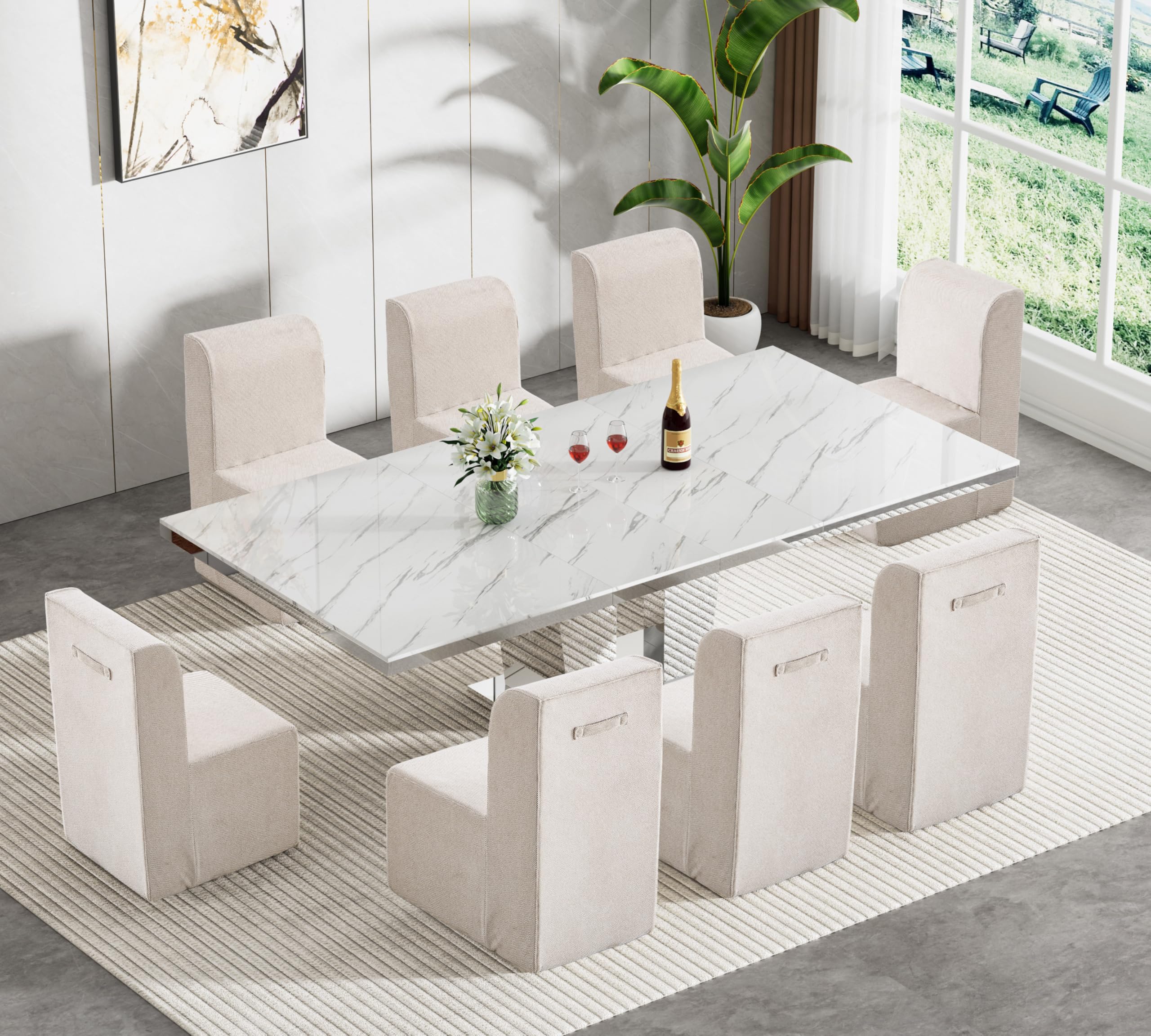 9-Piece Extendable Dining Table Set for 8, Modern 63"-94" White Marble Expandable Kitchen Table Set with 8 Sofa Chairs,Large Extendable Dining Room Tables with Mirrored Columnar Base