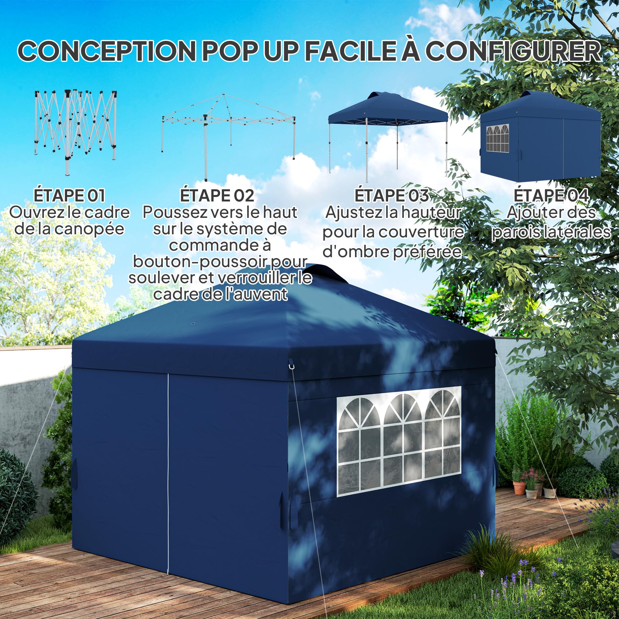 Outsunny Tonnelle de Jardin Pliante 3 x 3m Hauteur Réglable Bleu Foncé | Tente de Réception Pop-up, Parois Latérales, Aérations, Fenêtres, Sac de Transport à Roulettes, Tissu Oxford