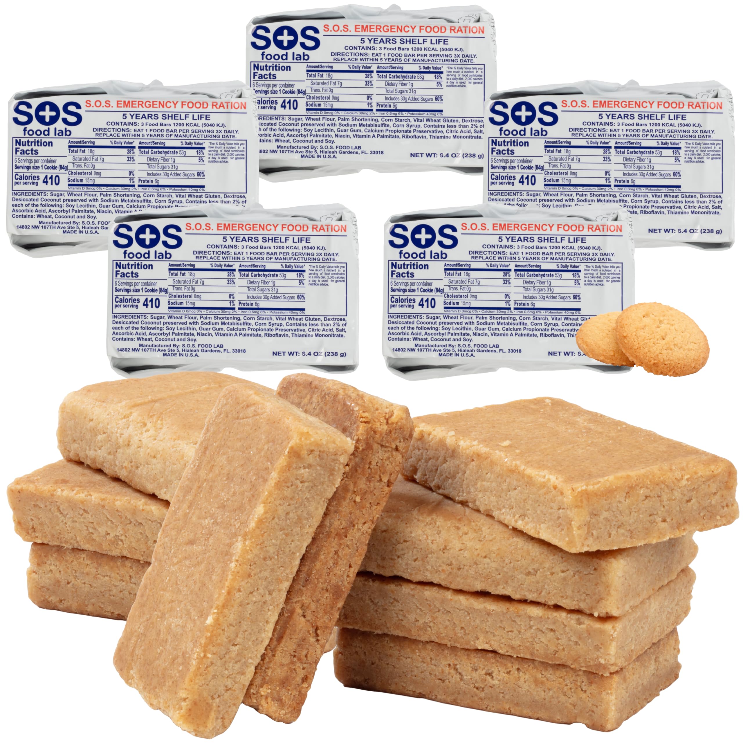 SOS Food Lab Emergency Food Bar - 1200 Calorie Ration (5 Pack Shortbread Cookie) - 1 Day/24 Hour Ready to Eat Supply for Camping, Hiking, Disaster