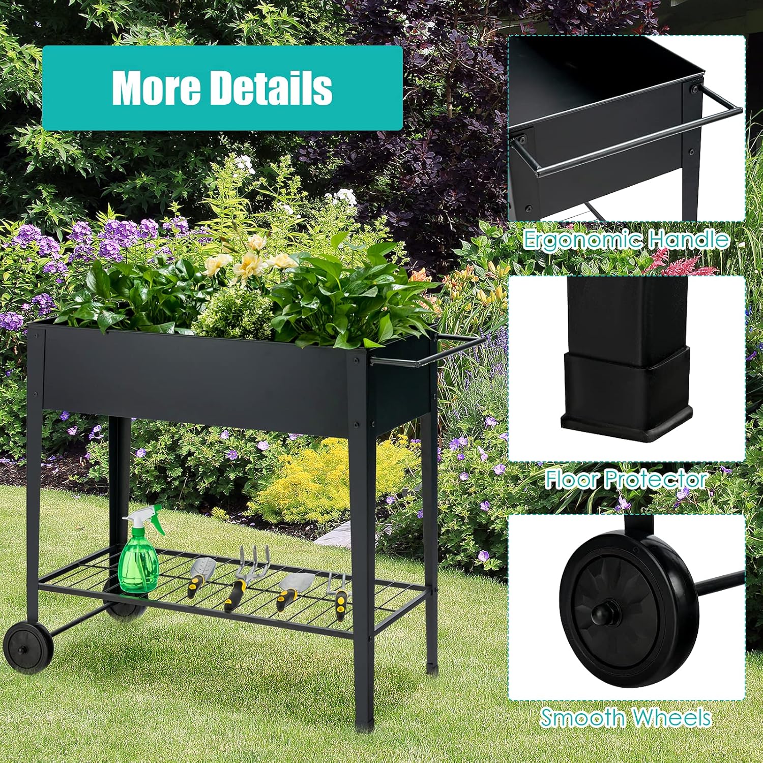 TANGZON Mobile Raised Garden Bed, Metal Elevated Flower Vegetable Herb Planter Box with 2 Wheels, Bottom Shelf & Ergonomic Handle, Outdoor Grow Bed for Backyard Patio