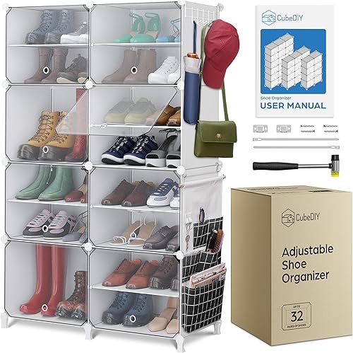 Miniatura 7 de CUBEDIY Armario organizador de zapatos, hasta 72 pares, zapatero portátil cerrado con puerta transparente (transparente, plástico, apilable),