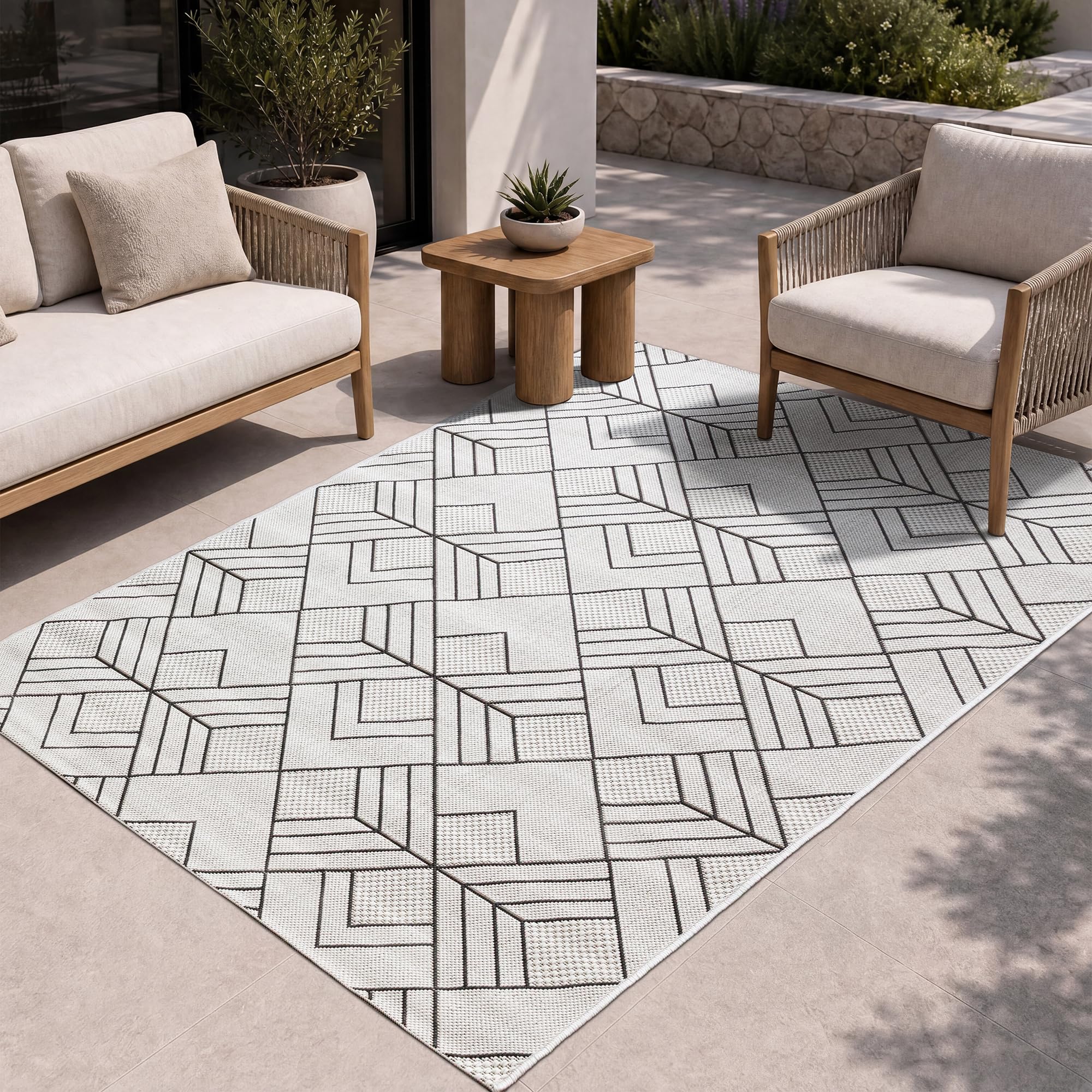 Asiatic Patio Deco Ivory Outdoor Rug 120 x 170cm Geometric Rug