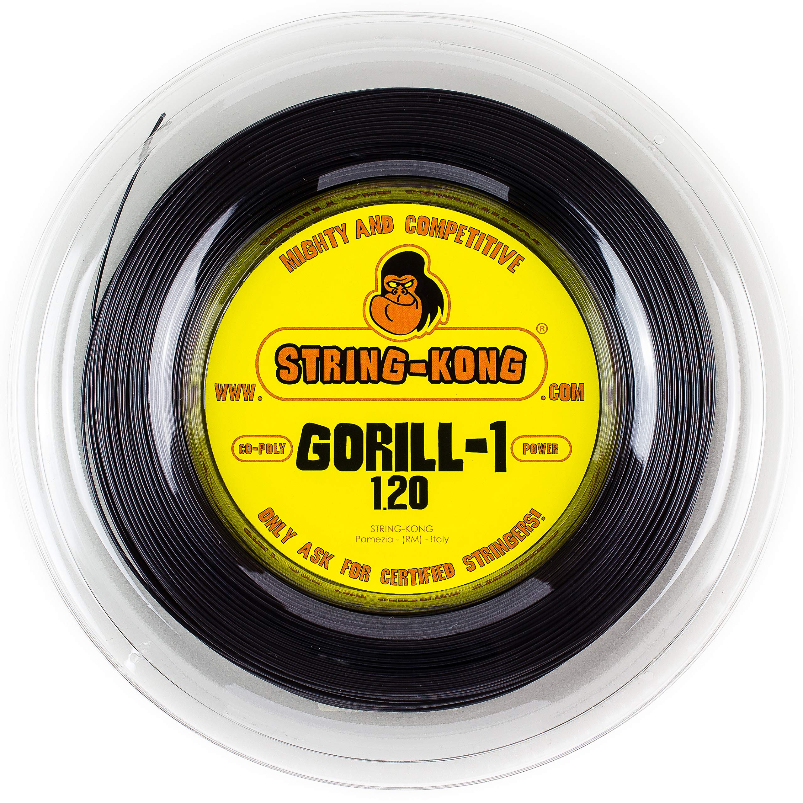 Gorill-1 - Potentissima Corda da Tennis in Monofilamento Co-Poly a Sezione Circolare. Matassa da 200m, Colore: Nero, Disponibile nei Calibri 1.20mm, 1.24mm e 1.28mm