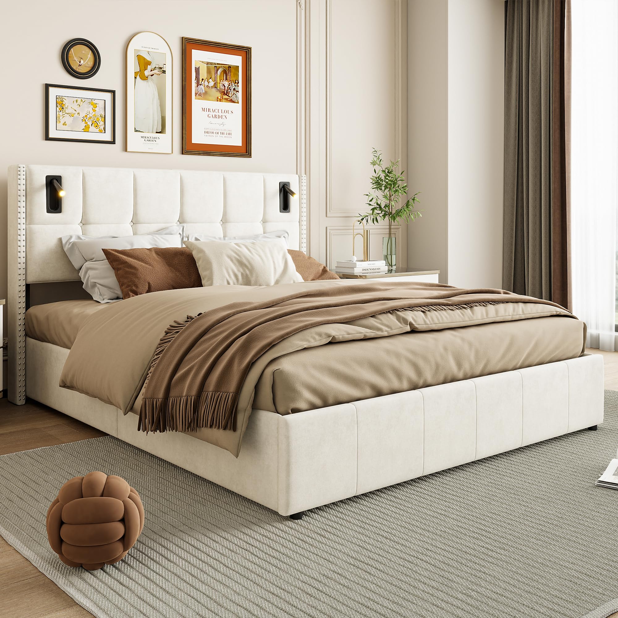 PerGar Cama Tapizada 160x200 con Almacenaje, Camas Matrimoniales con Espacio de Almacenaje Hidráulica y lámpara de Lectura, Canape 160x200 Camas Adultos con Somier, Franela, Beige, sin colchón