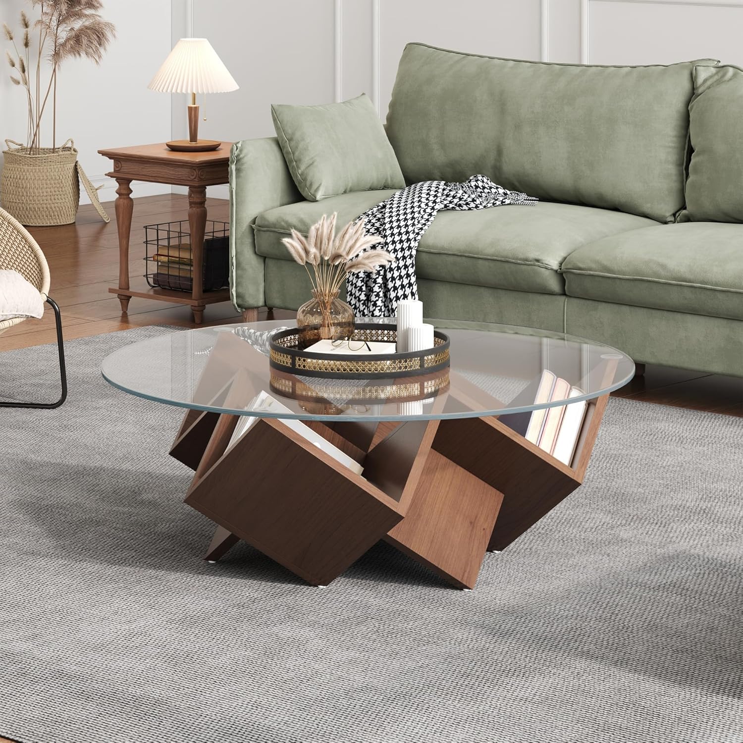 35.4" Unique Round Glass Top Coffee Table with Geometric Art Base & Storage Shelves, Modern Tempered Glass Center Table with Walnut Finish for Living Room, Mid-Century Design