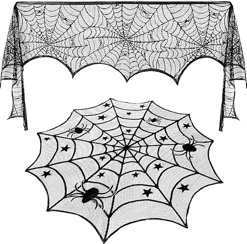 JOVITEC Mantel redondo de encaje de araña negra y decoración de araña para chimenea manto de telaraña de encaje para ventana de Halloween cena