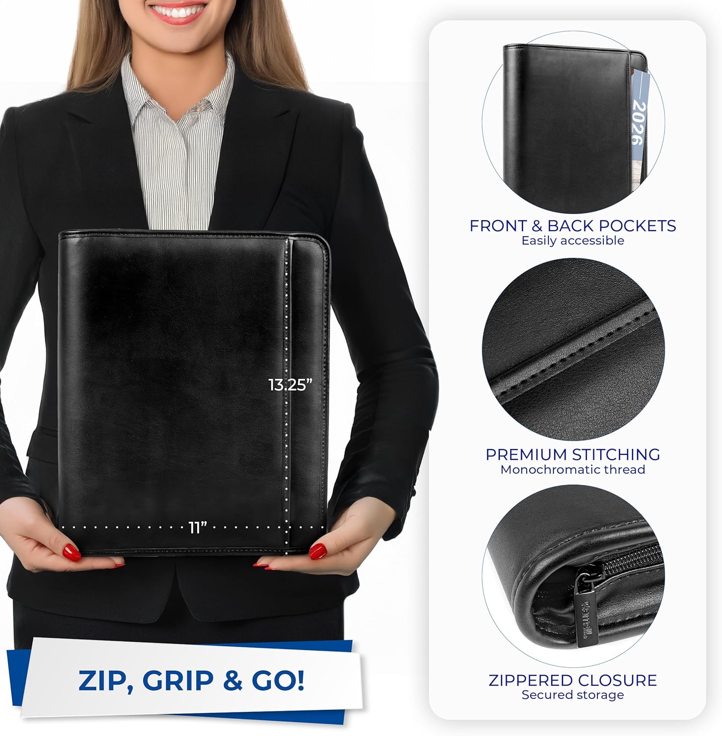 Samsill Professional 1-Inch Zipper Binder Padfolio with iPad Pocket, Interview Document Organizer, Includes Refillable 8.5 x 11 Inch Writing Pad and Pen Loop, Black