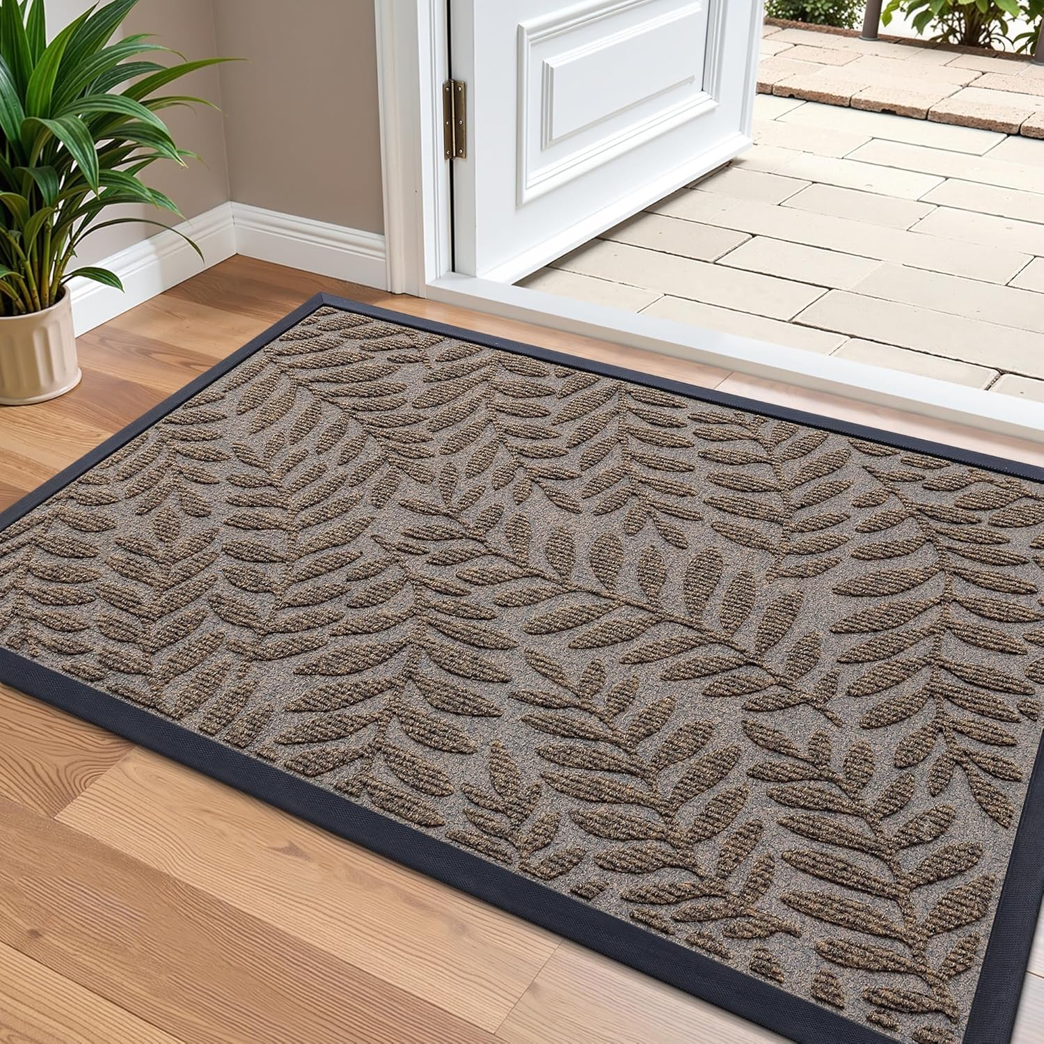 olanly door mat indoor outdoor entrance, 36x24, waterproof all-weather all-season doormat, sturdy natural rubber, stain and fade resistant, low profile, easy clean patio entryway mat, medium brown medium brown leaf rectangular 36" x 24"