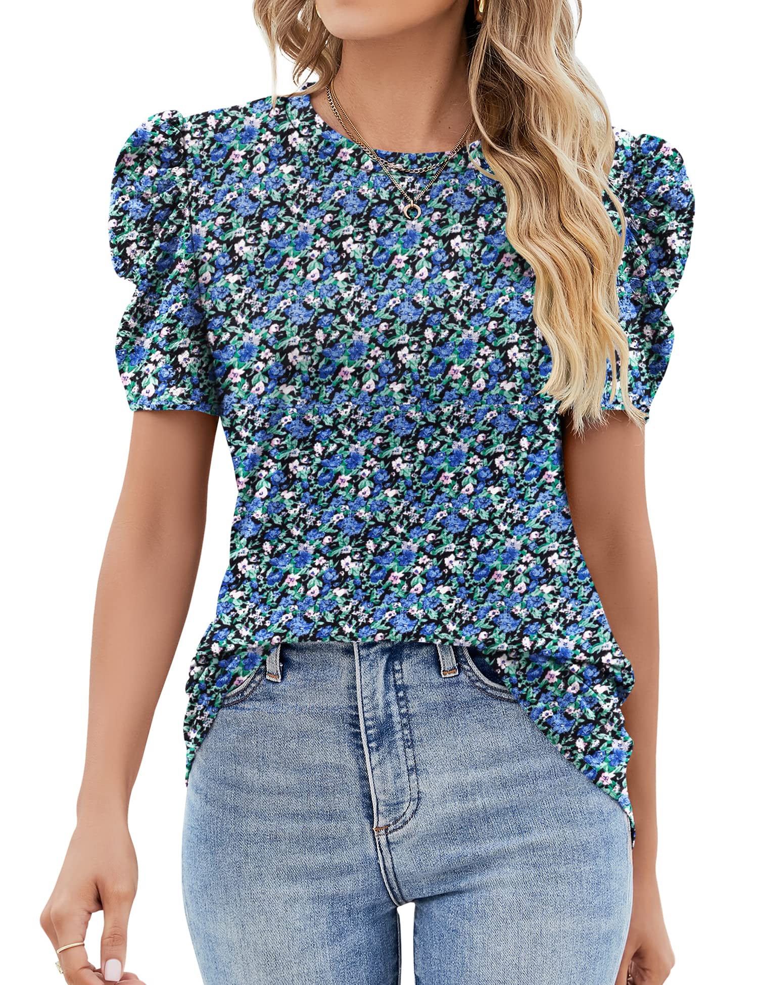 IECCP Bluse Damen Sommer T-Shirts Puff Spitze Kurzarm 2025 Sommer Oberteile Damen Rundhals Lässig Tunika T-Shirt Elegant