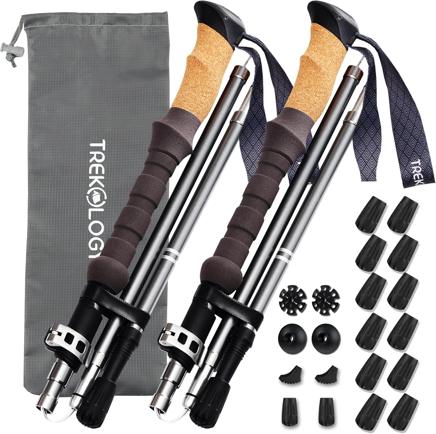 TREKOLOGY TREKZ Cork Trekking Poles Set with 12pc Rubber Tips - Collapsible Nordic Hiking Poles with Cork Handle - Ultralight Folding Sticks for All, Replacement Tips Included