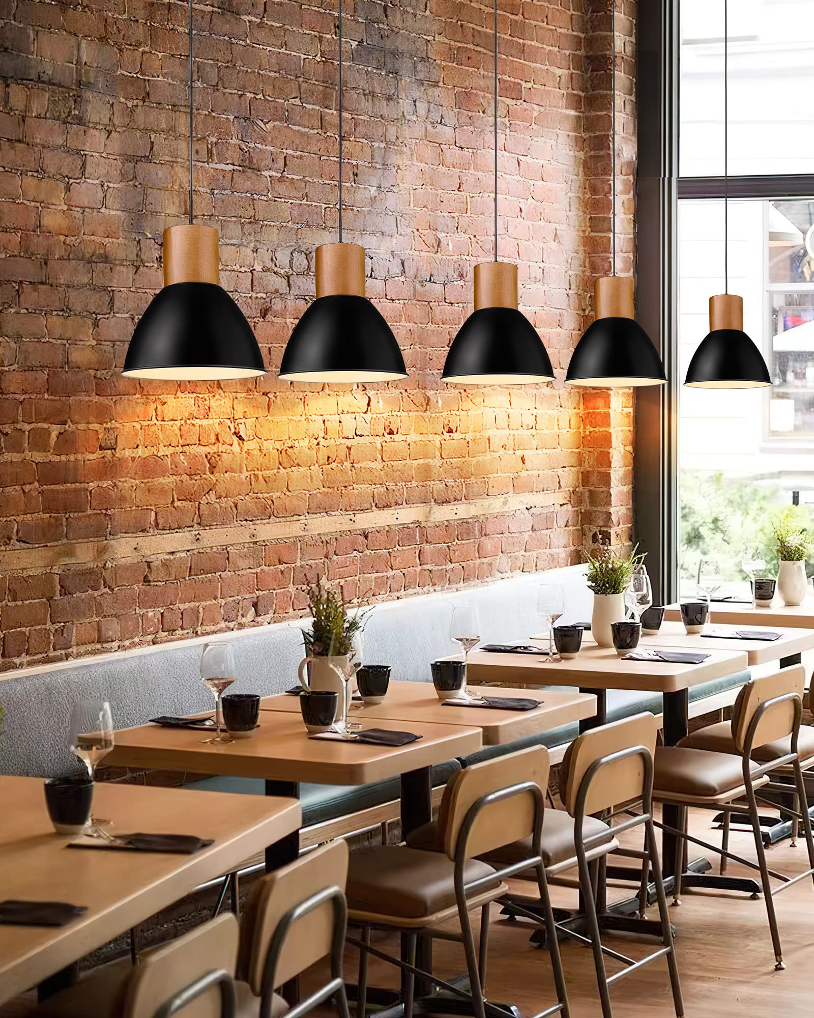 ELYONA Industrial Pendant Light for Kitchen Island, 8 Mini Rubber Wood Hanging Lamp Matte Black Metal Shade Modern Pendant Light Fixtures for Farmhouse, Dining Living Room, Bar, Hallway, 3 Pack