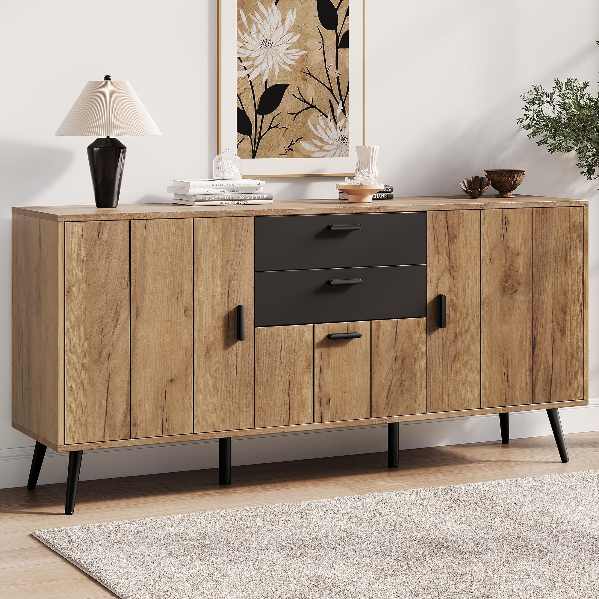 Credenza con 3 ante e 2 cassetti, effetto legno e nero, 140 x 35 x 67 cm, per soggiorno, sala da pranzo, cucina